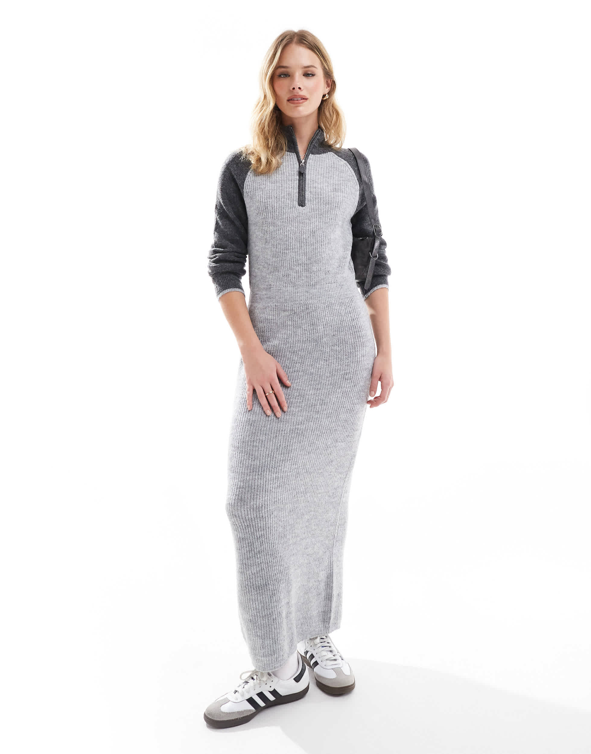 Vero Moda colourblock polo zip front knitted dress in grey