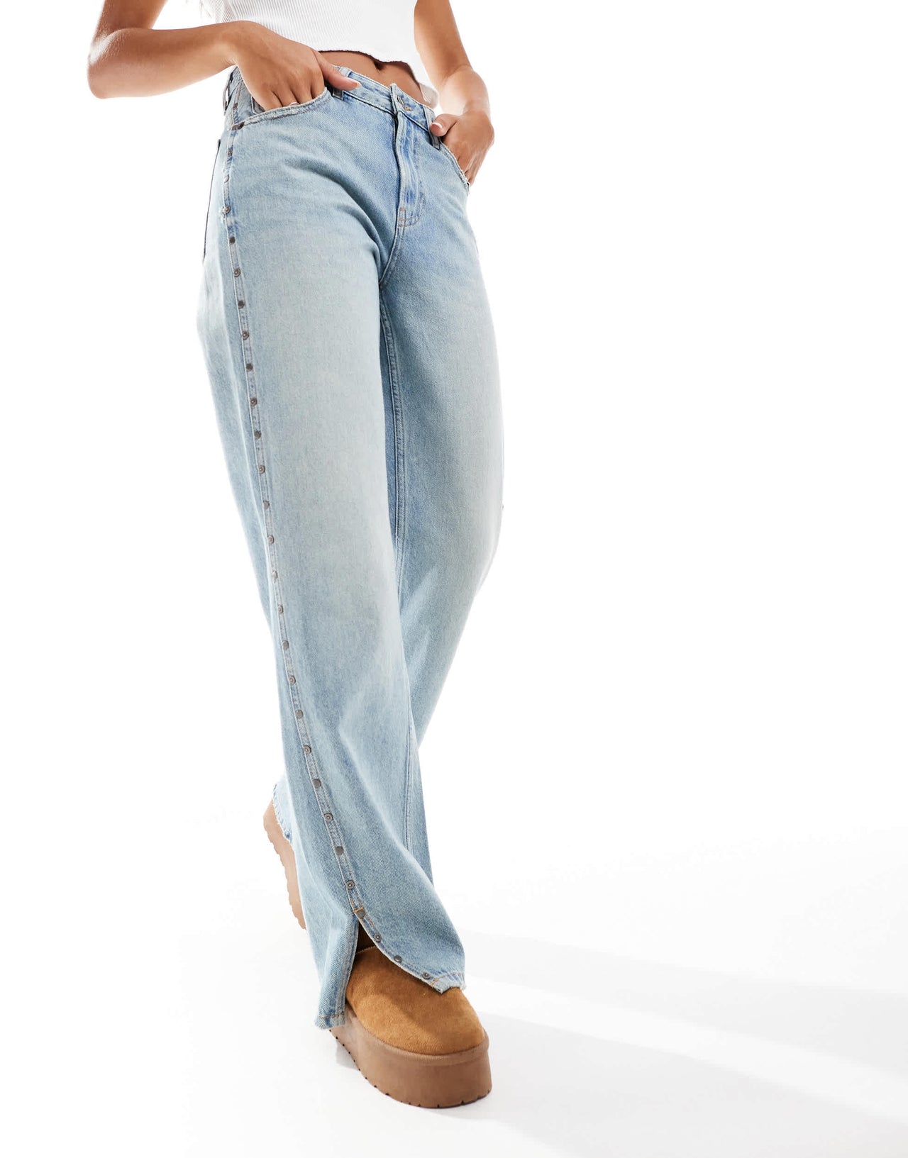 Stradivarius straight leg jeans with studs in light blue