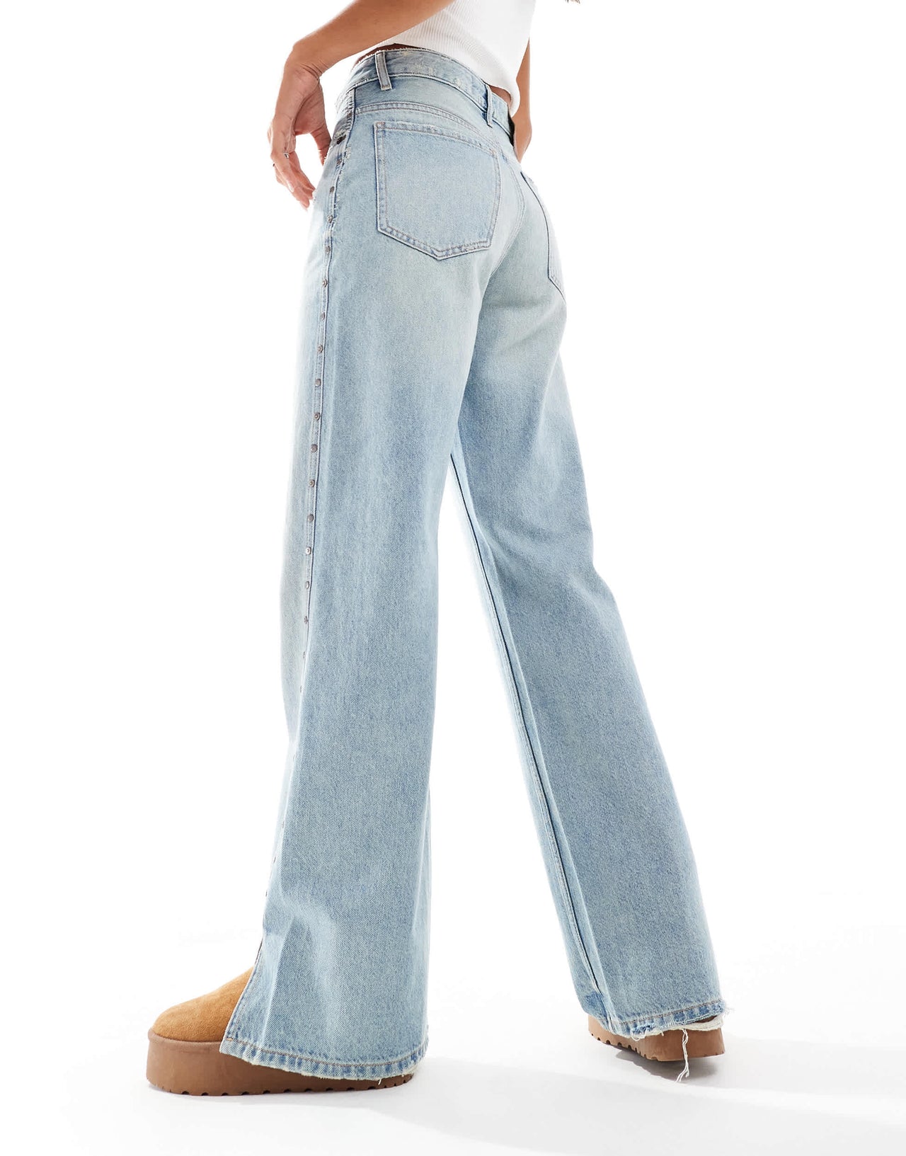 Stradivarius straight leg jeans with studs in light blue