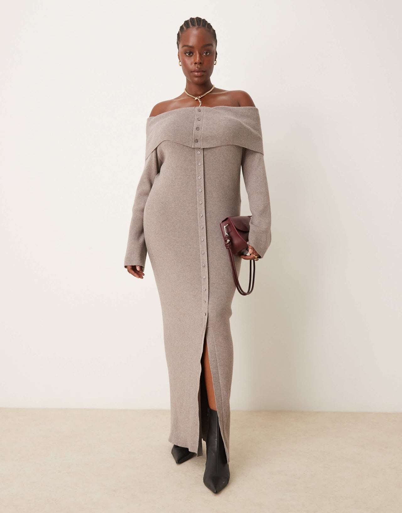 Pretty Lavish Curve button bardot knit maxi dress in mink