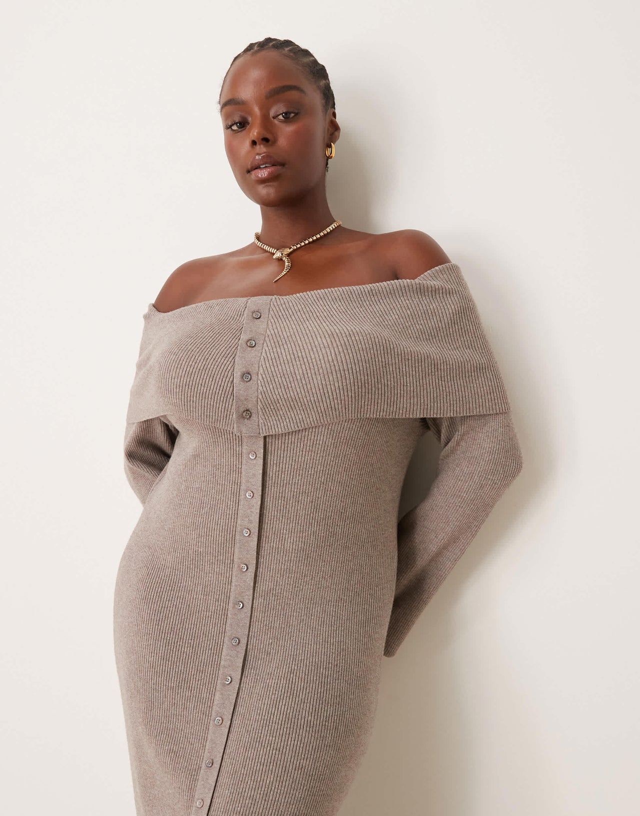 Pretty Lavish Curve button bardot knit maxi dress in mink