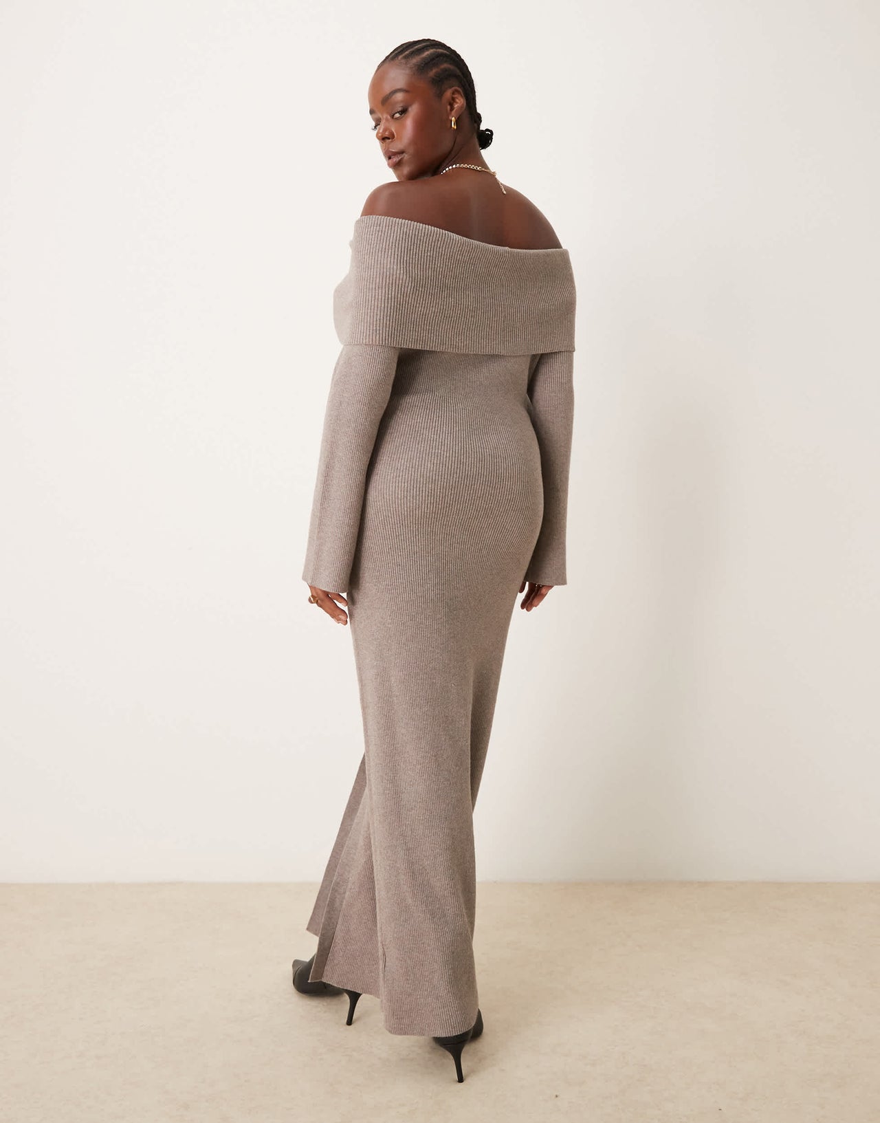 Pretty Lavish Curve button bardot knit maxi dress in mink