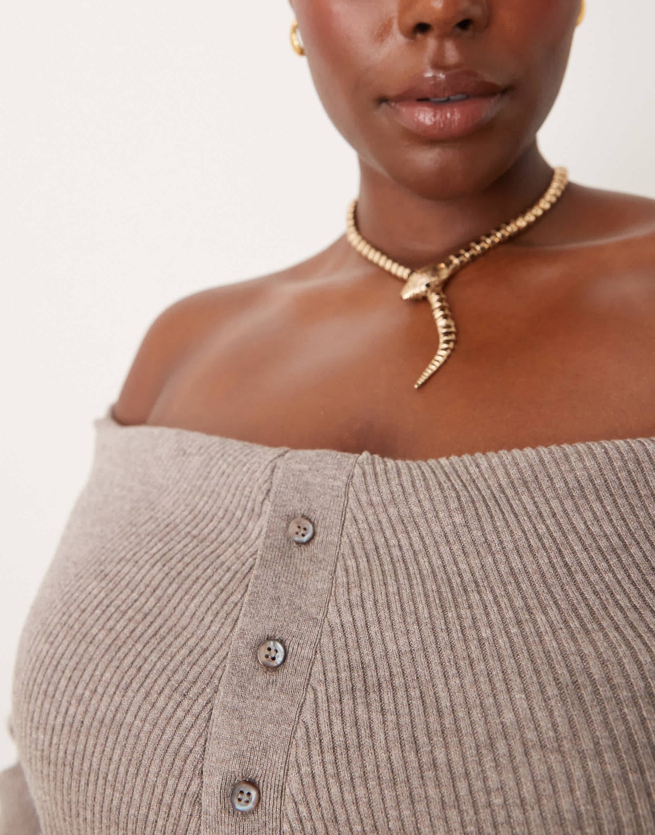 Pretty Lavish Curve button bardot knit maxi dress in mink