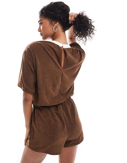 ASOS DESIGN short sleeve elastic tie waist romper in mocha