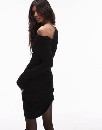SNDYS ruched one shoulder mini dress in black