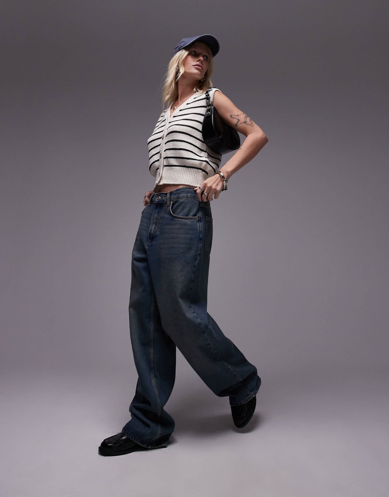 Topshop knitted stripe chunky waistcoat in mono