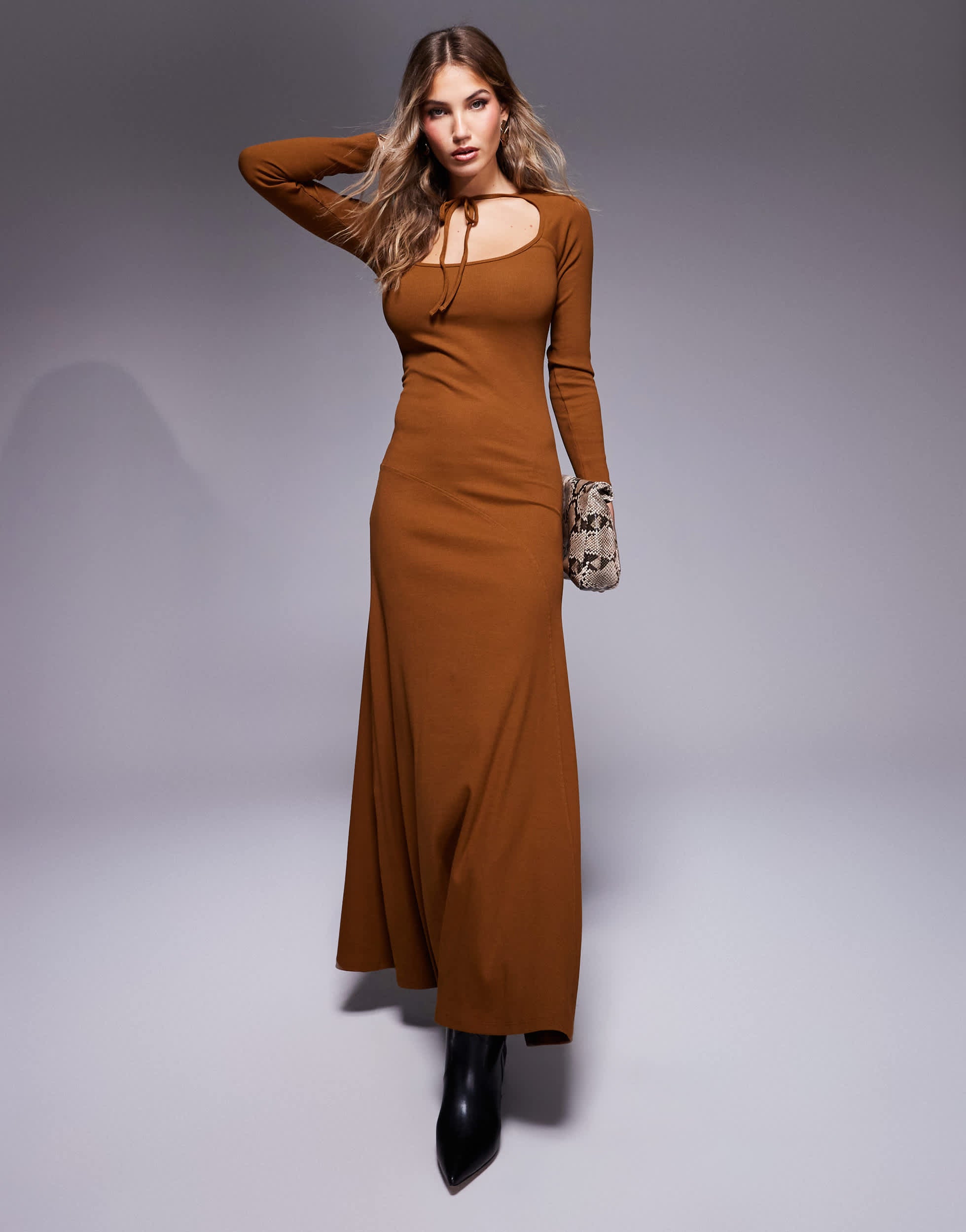 ASOS DESIGN ribbed long flare sleeve tie neck maxi dress in ginger