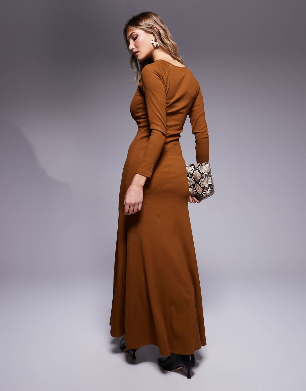 ASOS DESIGN ribbed long flare sleeve tie neck maxi dress in ginger