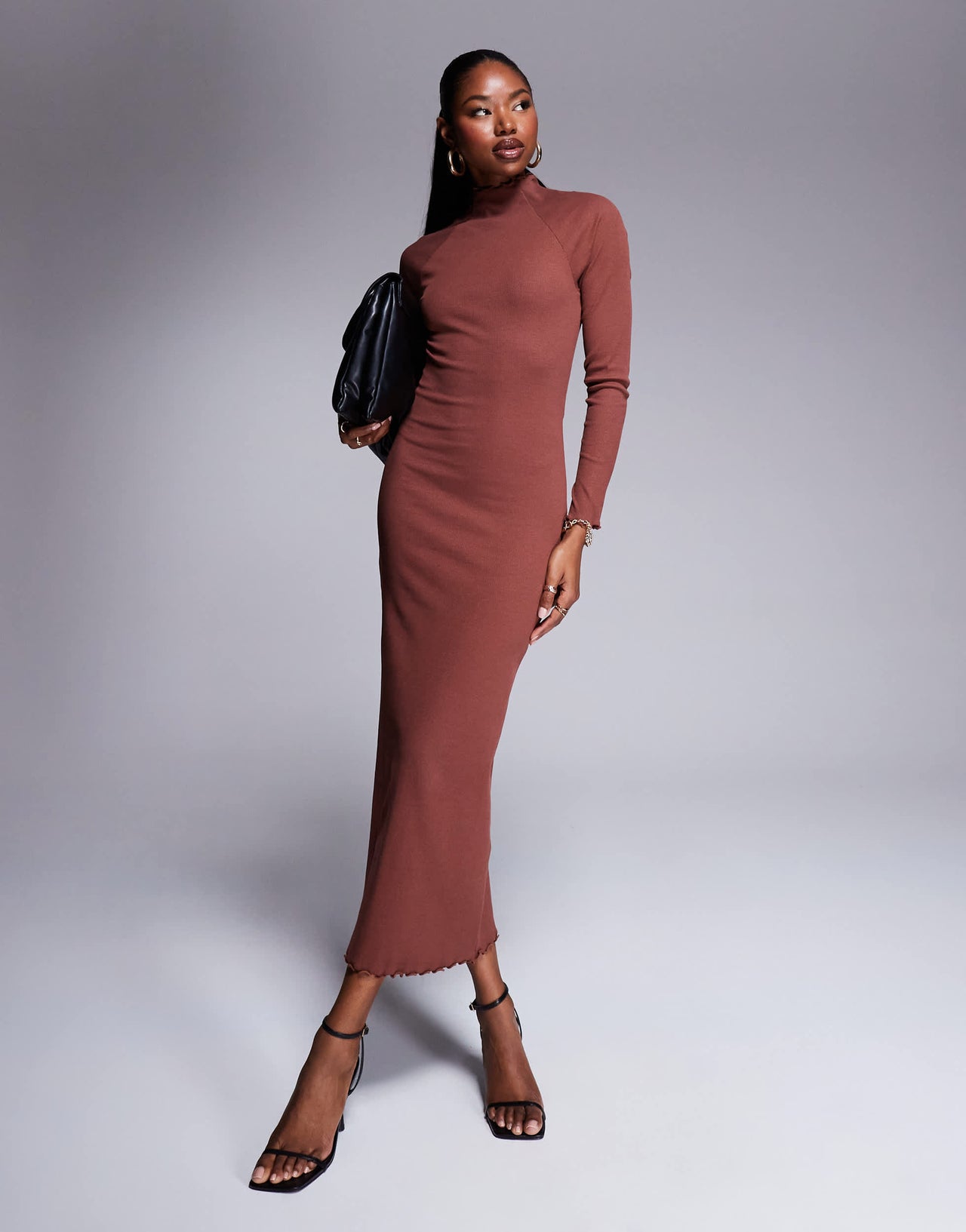 ASOS DESIGN ribbed long sleeve high neck batwing maxi dress in brown