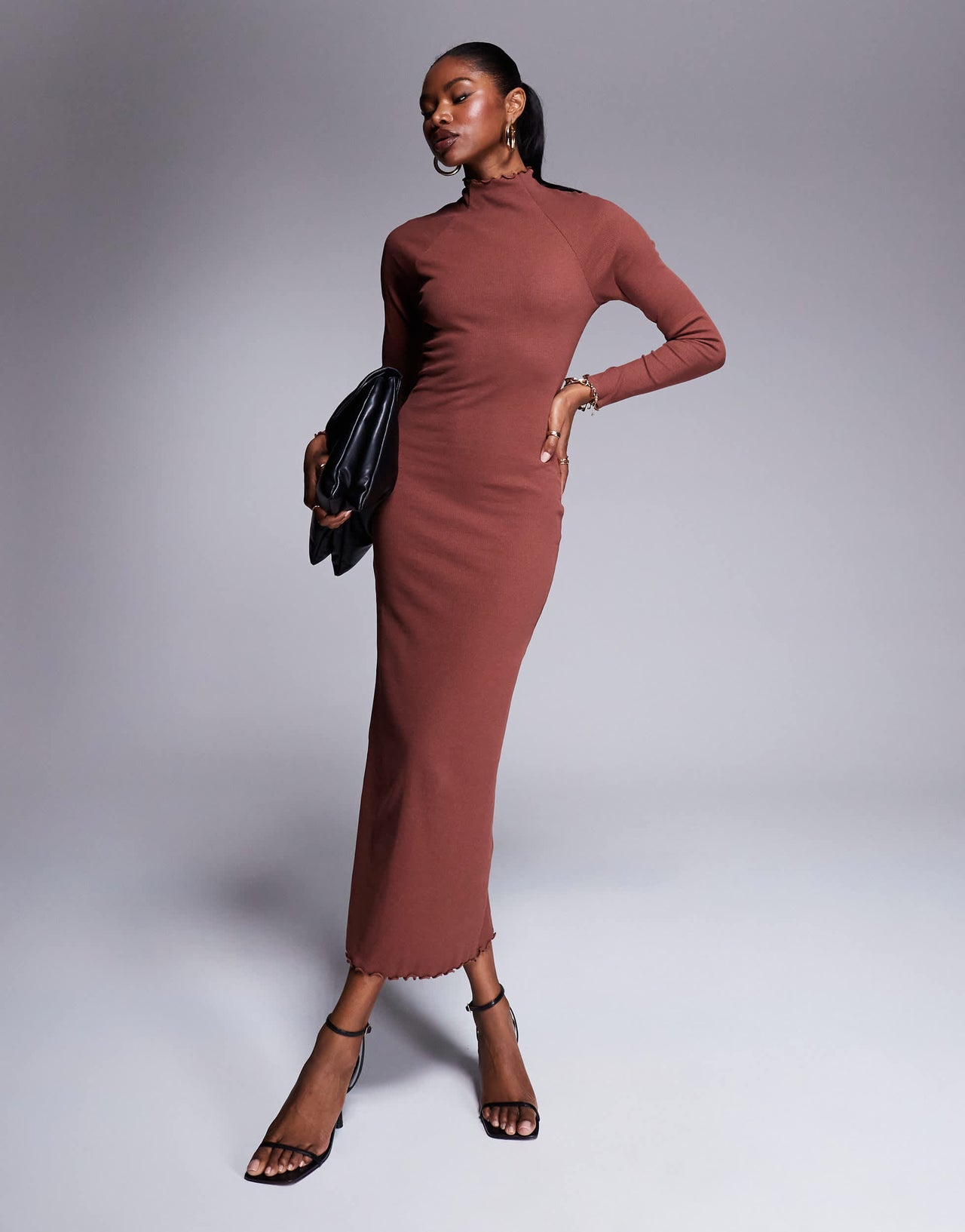 ASOS DESIGN ribbed long sleeve high neck batwing maxi dress in brown