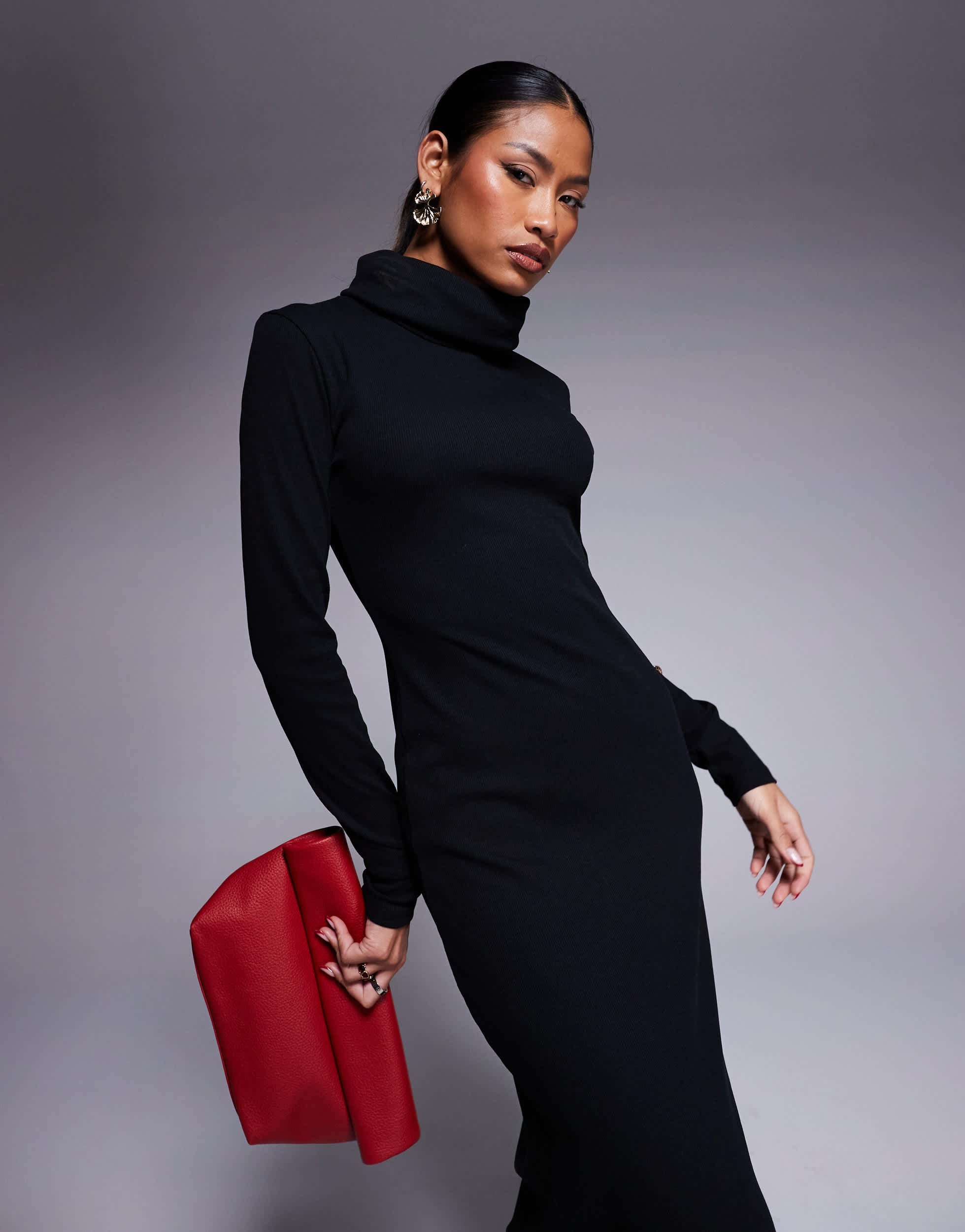 ASOS DESIGN ribbed midaxi roll neck dress in black