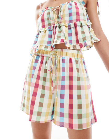 ASOS DESIGN linen blend shorts in multi check