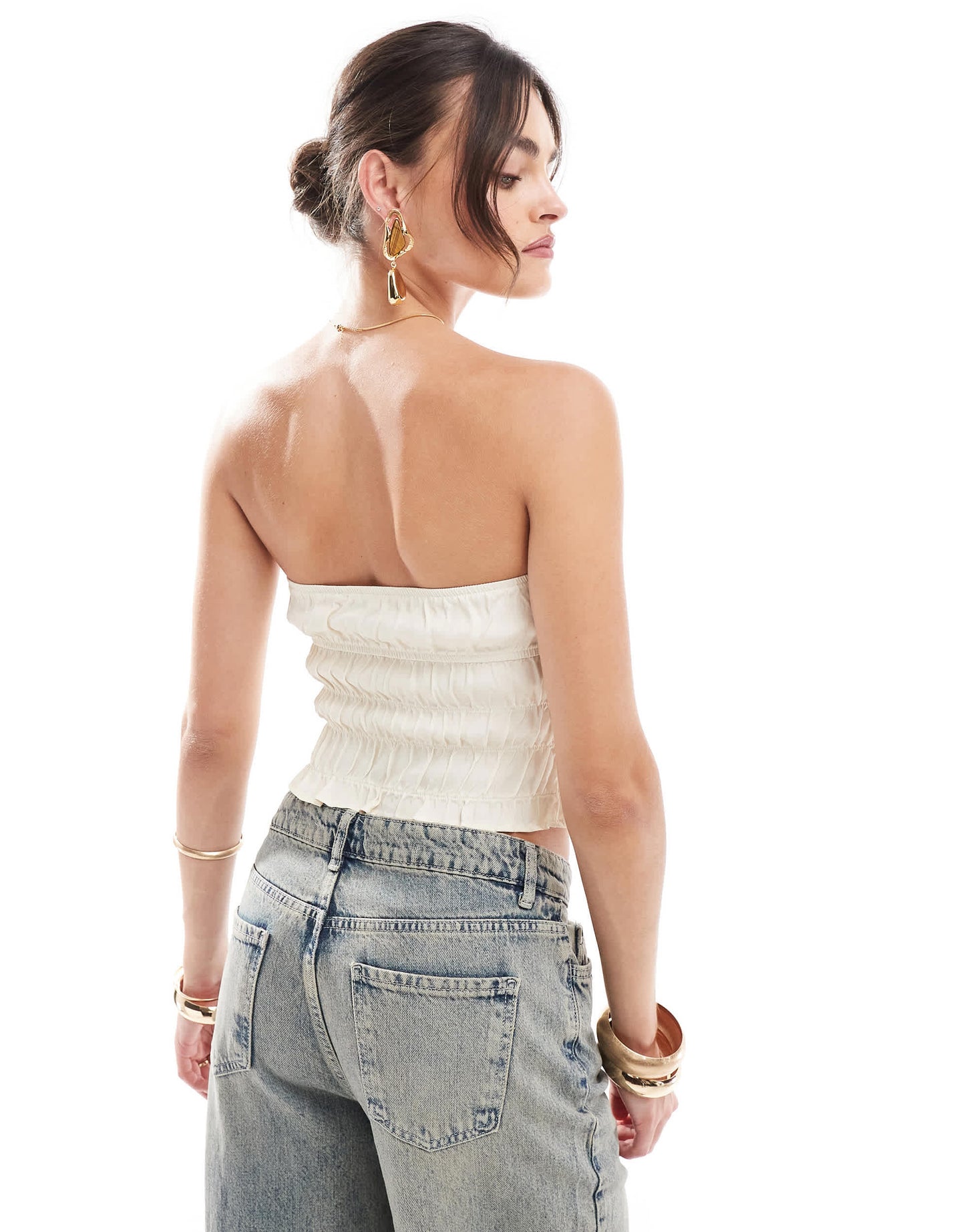 ASOS DESIGN satin ruched bandeau top in ivory