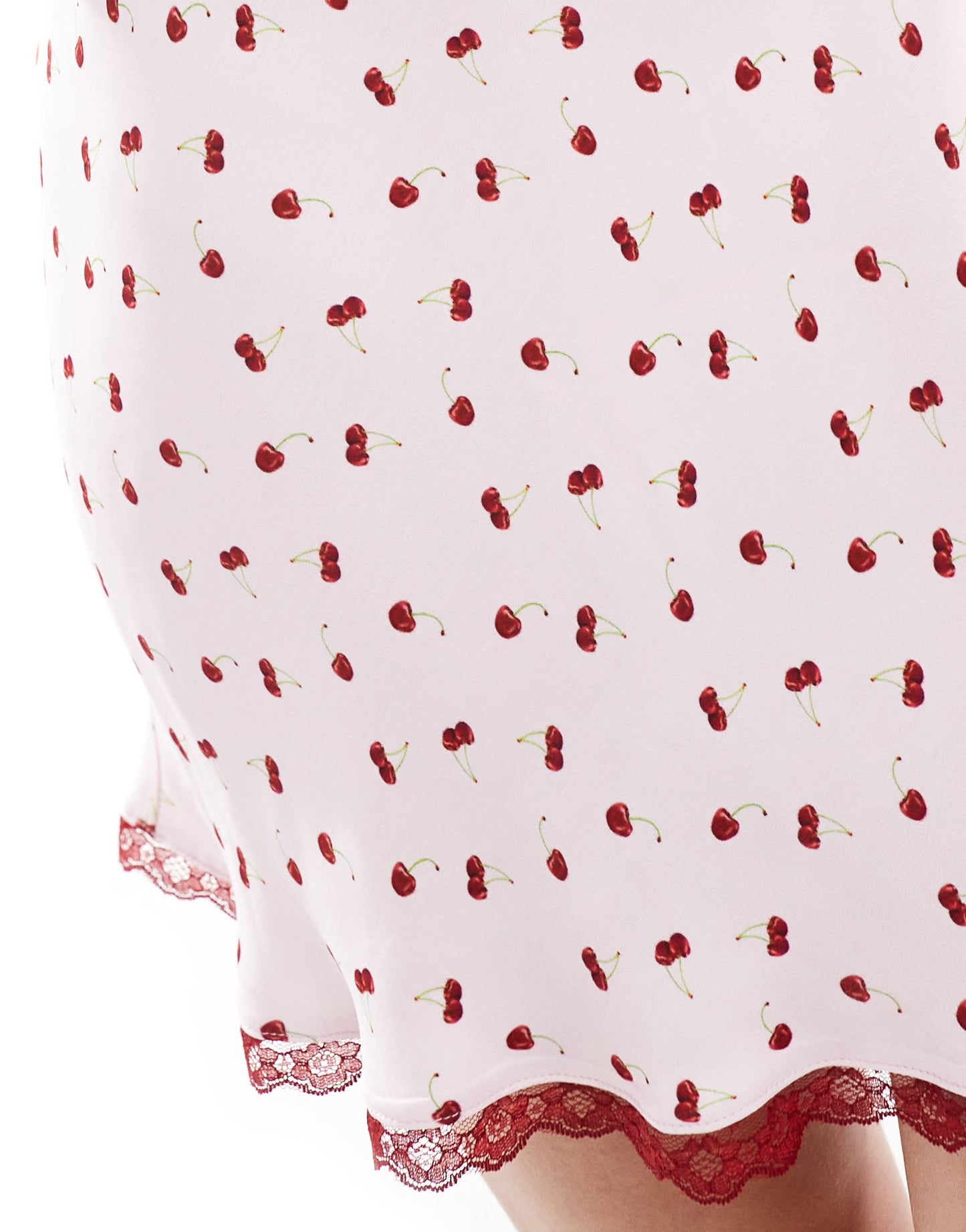 ASOS DESIGN satin lace trim mini slip dress in cherry print