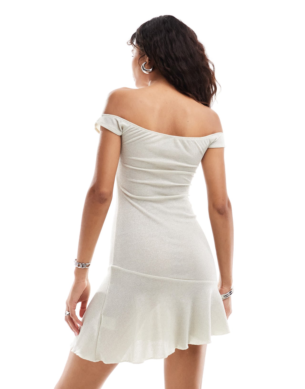 Motel cynthia shimmer off-shoulder ruffle mini dress in ivory