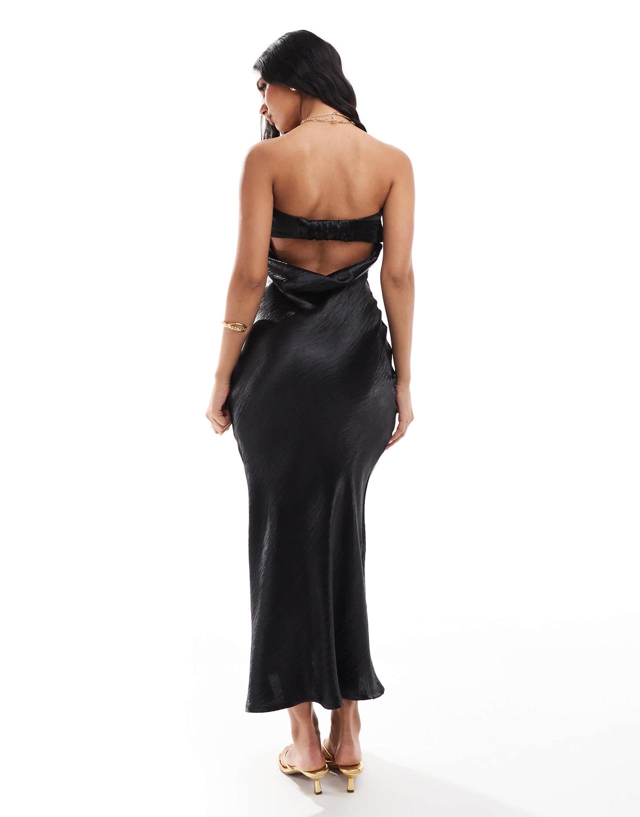In The Style exclusive liquid satin bandeau cut out back maxi dress in black
