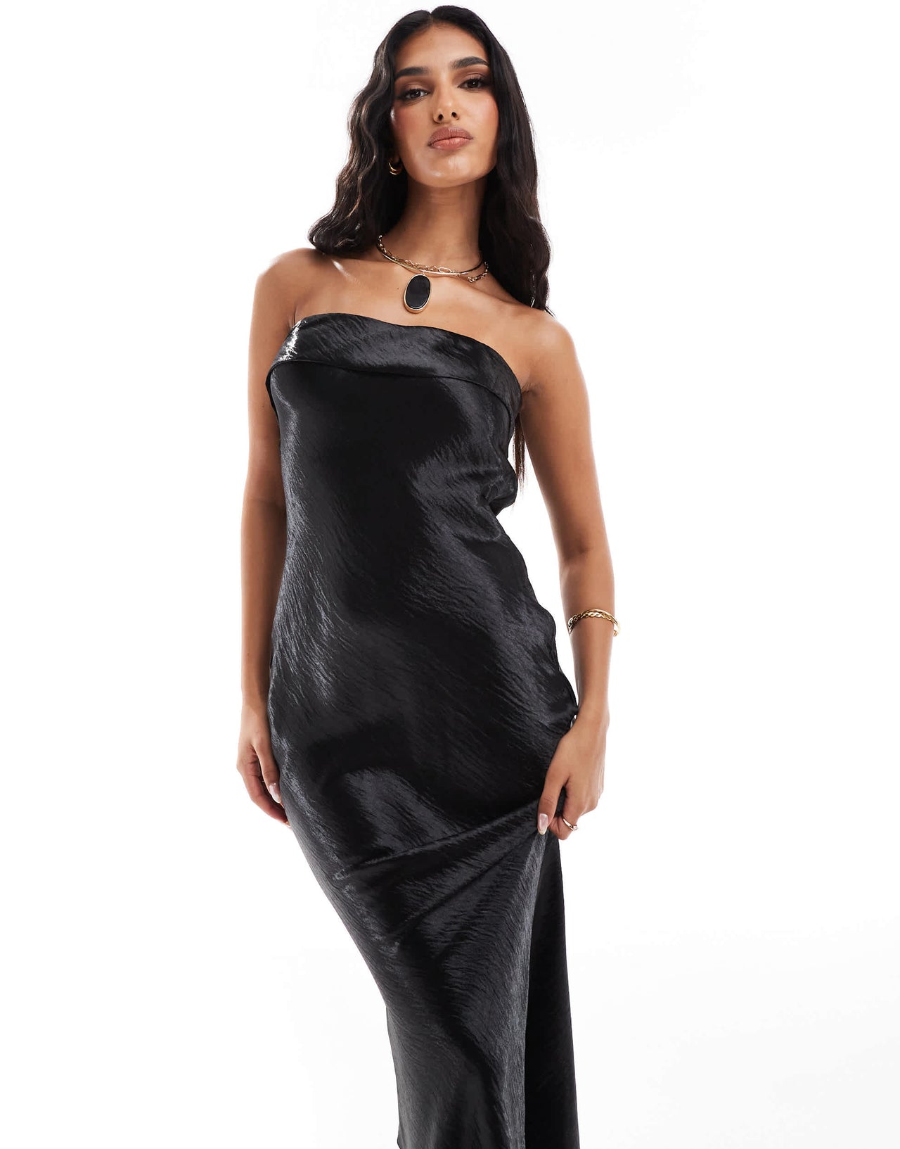 In The Style exclusive liquid satin bandeau cut out back maxi dress in black