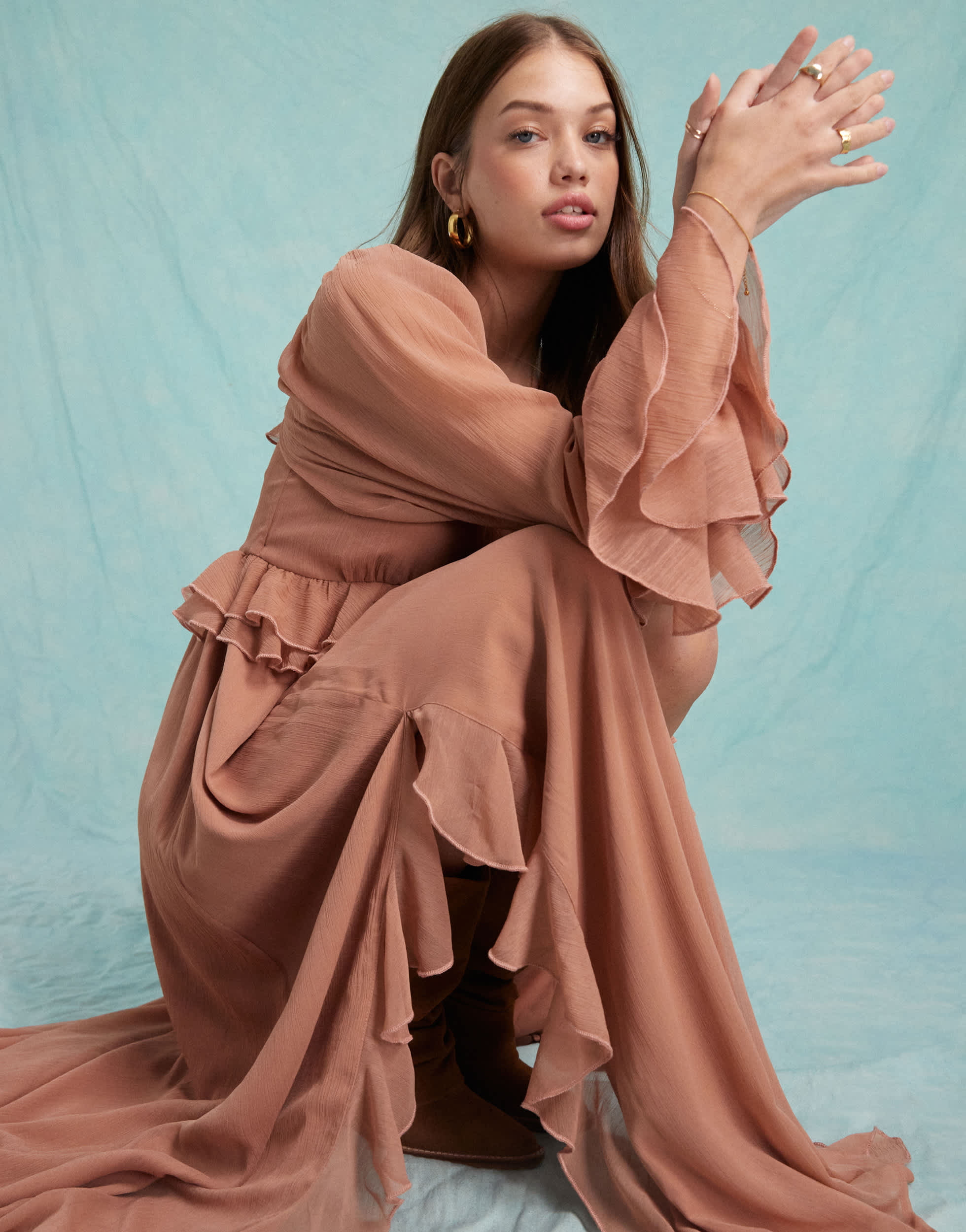 Miss Selfridge chiffon ruffle maxi dress in chocolate