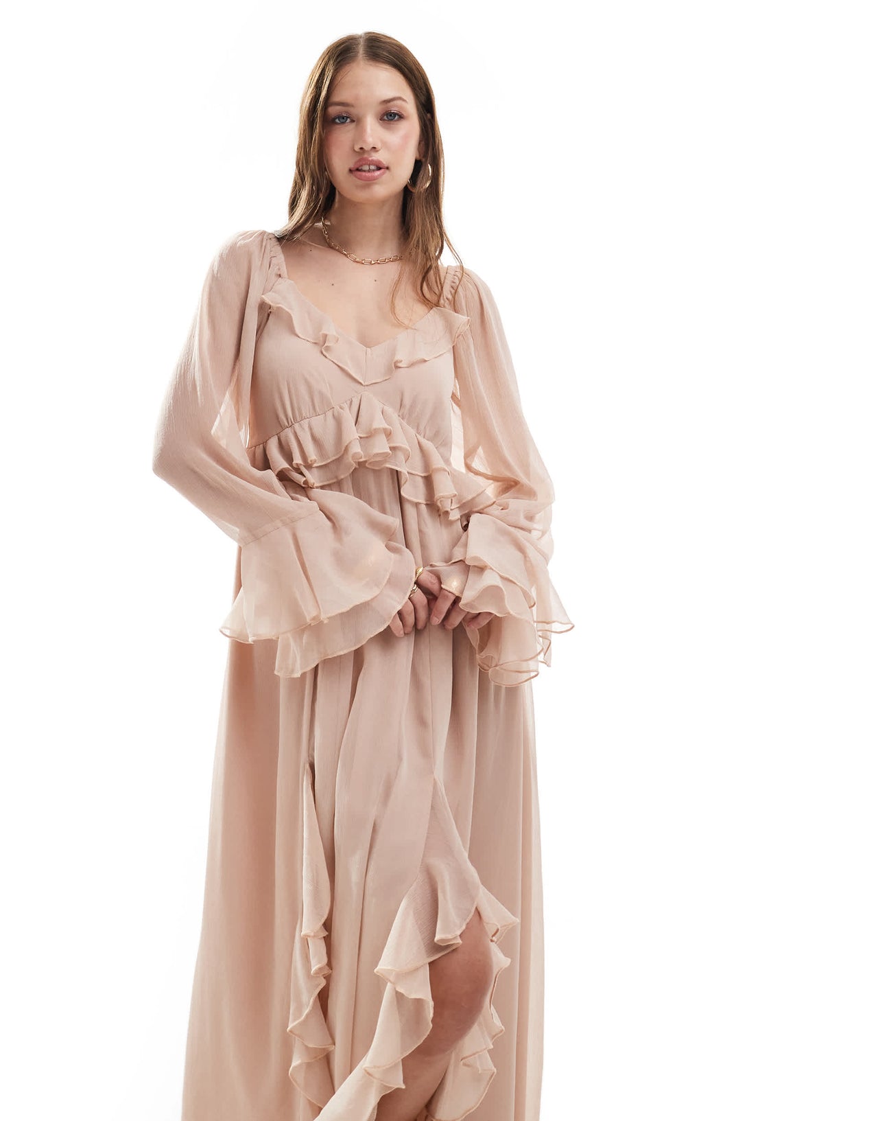 Miss Selfridge chiffon ruffle maxi dress in pink