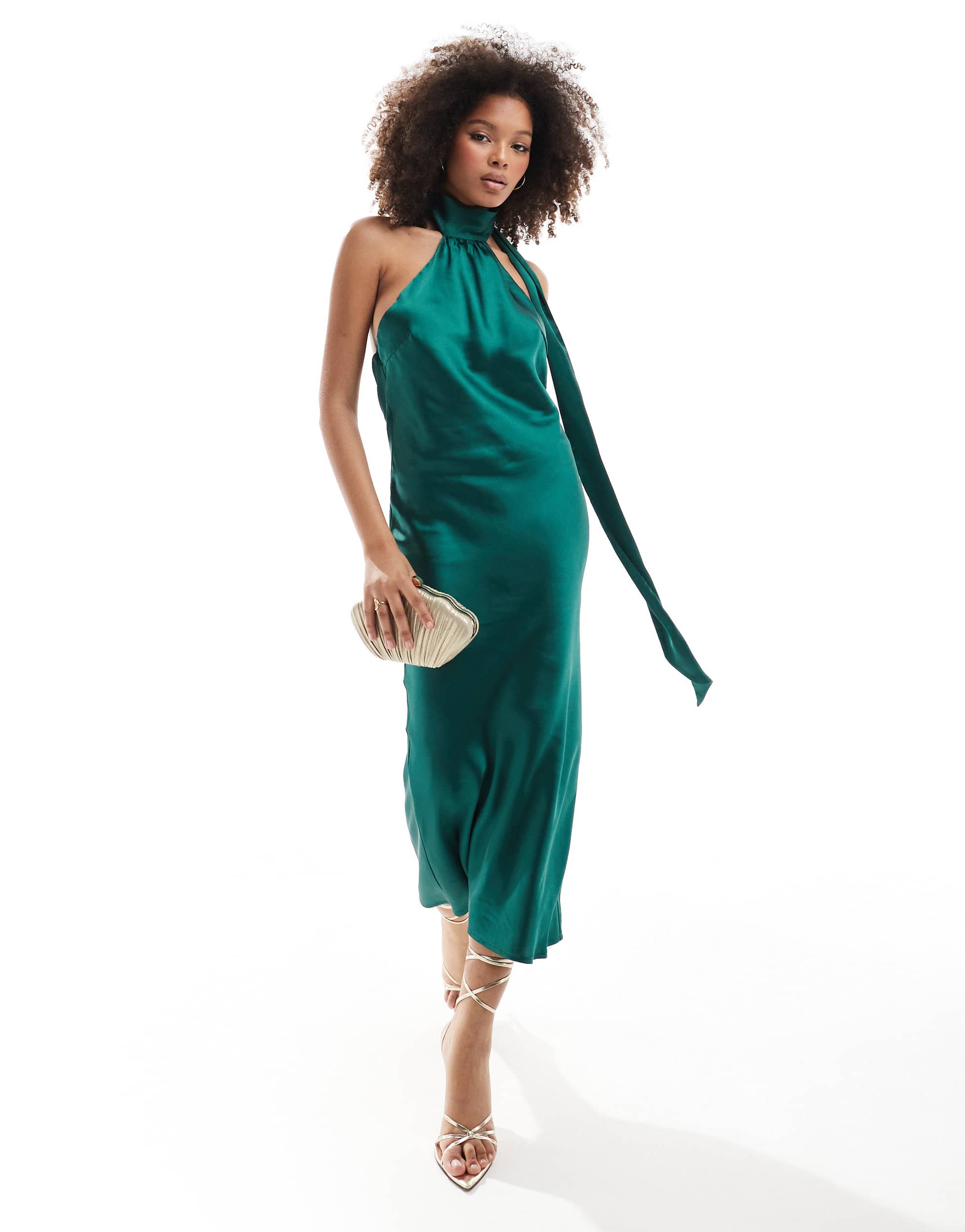 Pretty Lavish satin scarf midaxi dress in emerald