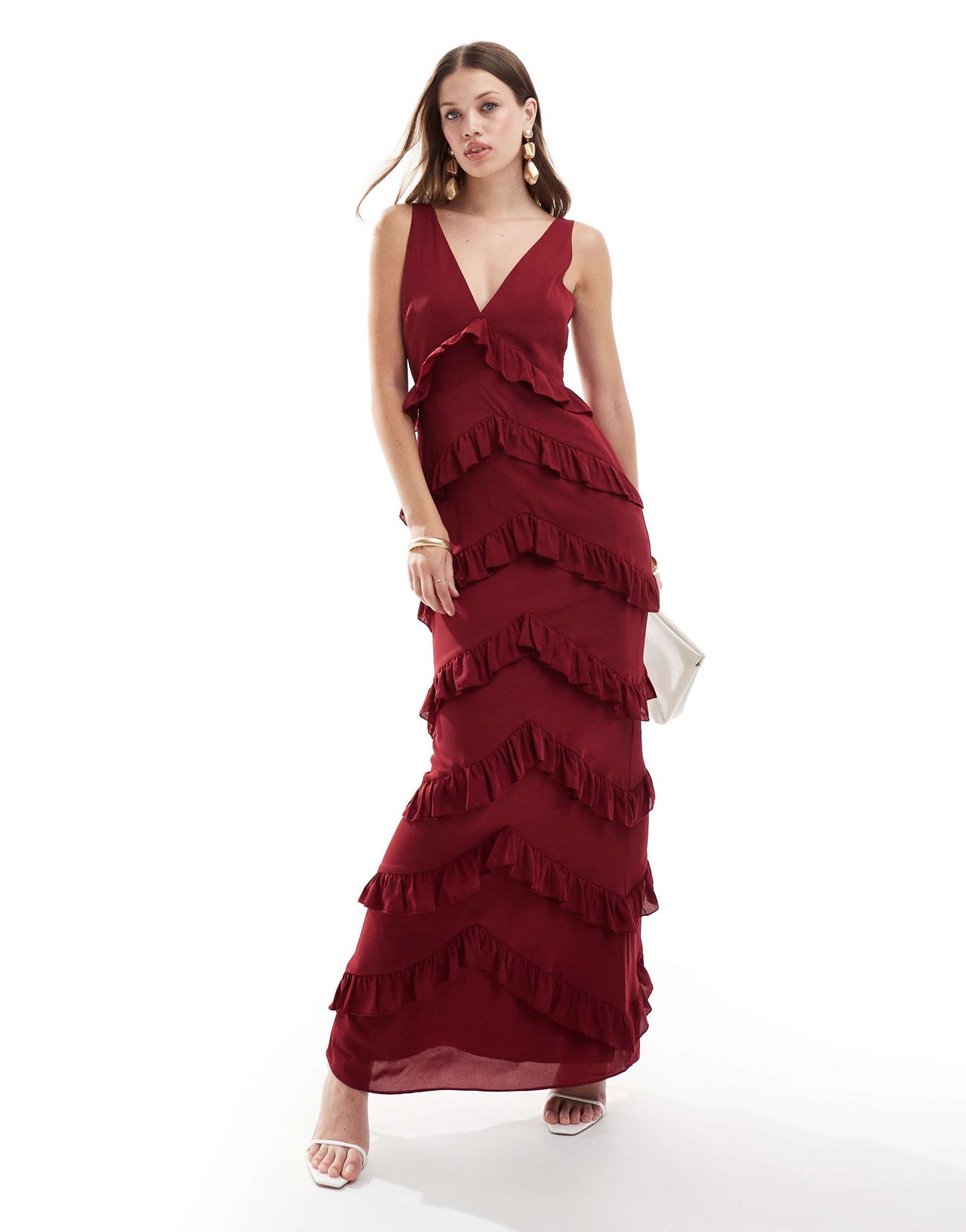 Pretty Lavish ruffle maxi dress in wine