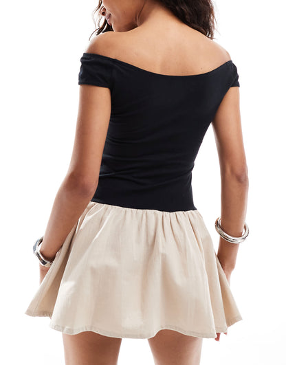 Motel yael off-shoulder mini dress in black and ecru