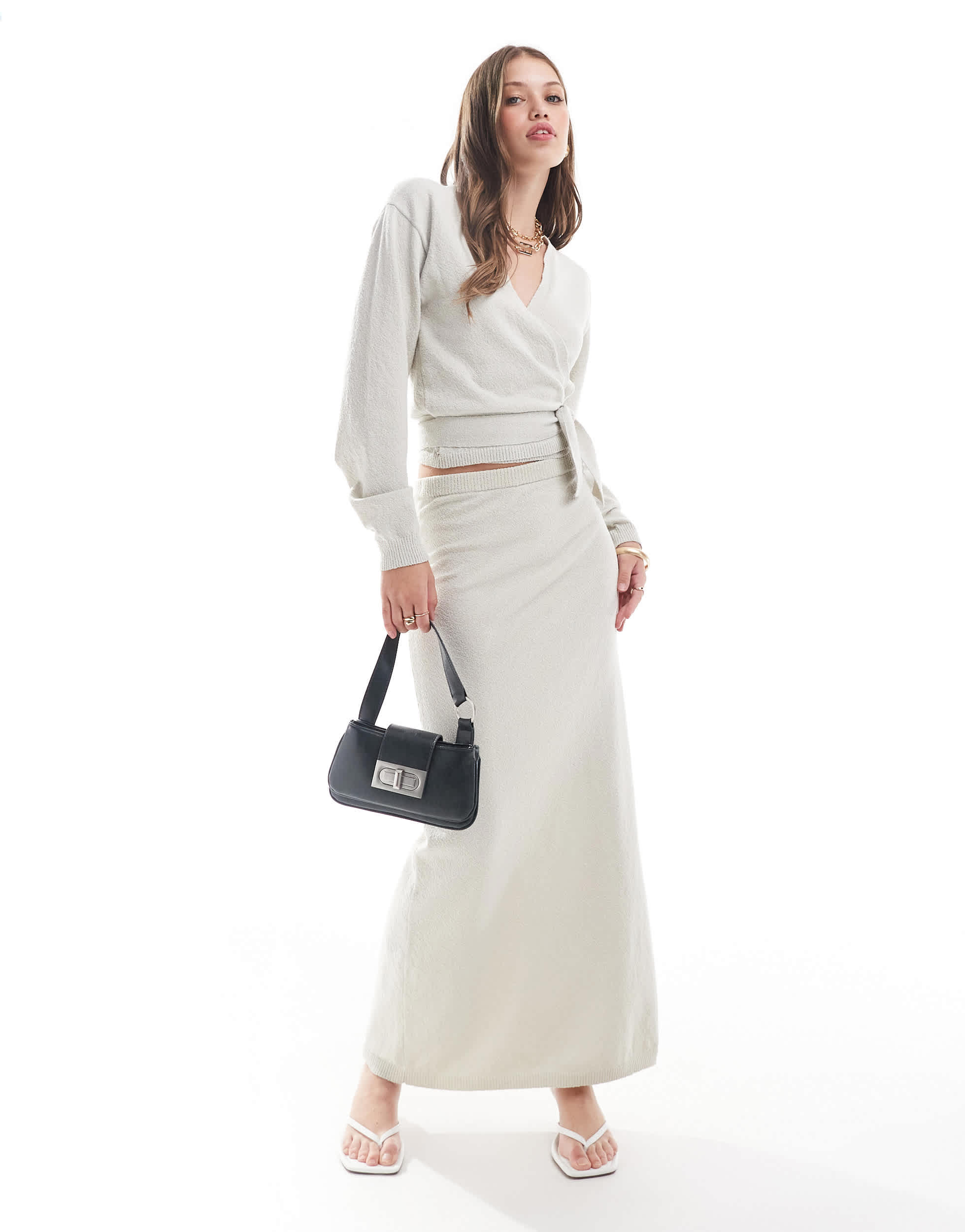 Pretty Lavish boucle knit maxi skirt co-ord in stone