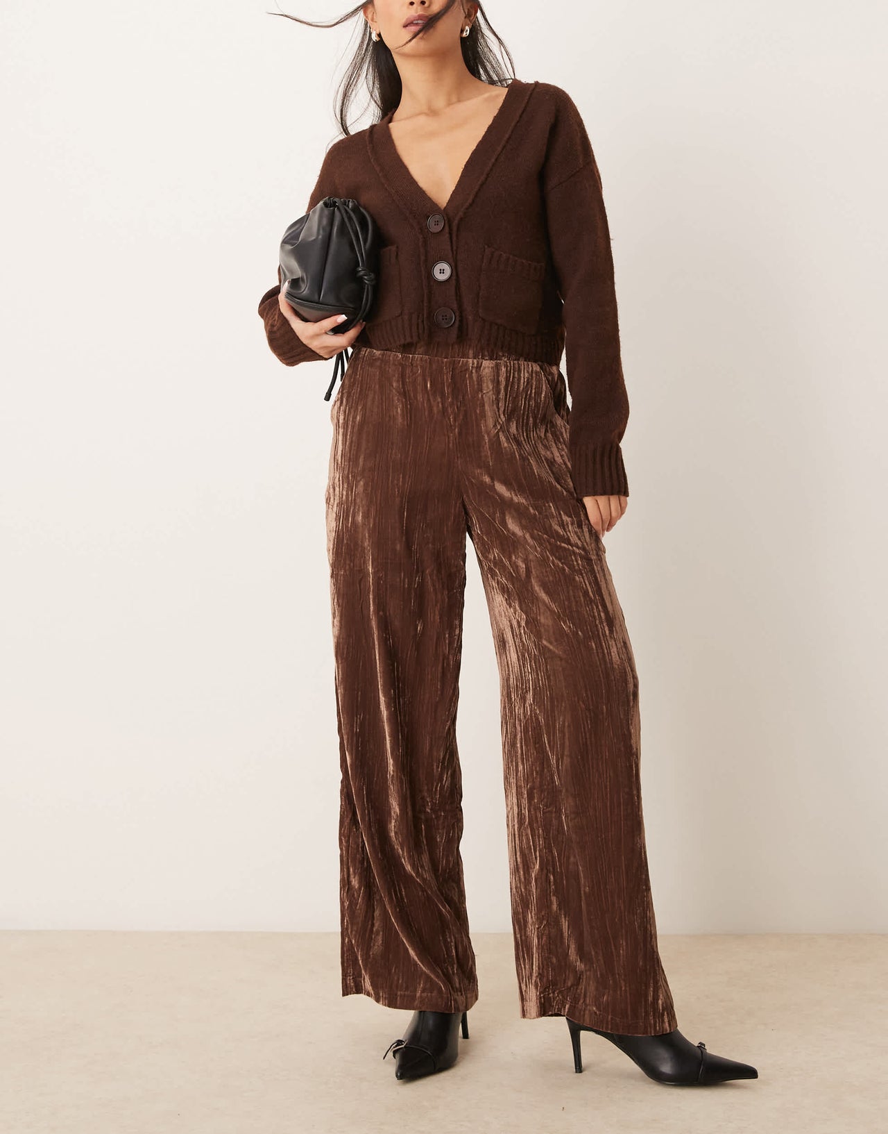 ASOS DESIGN crinkle velvet pull on trousers in chocolate