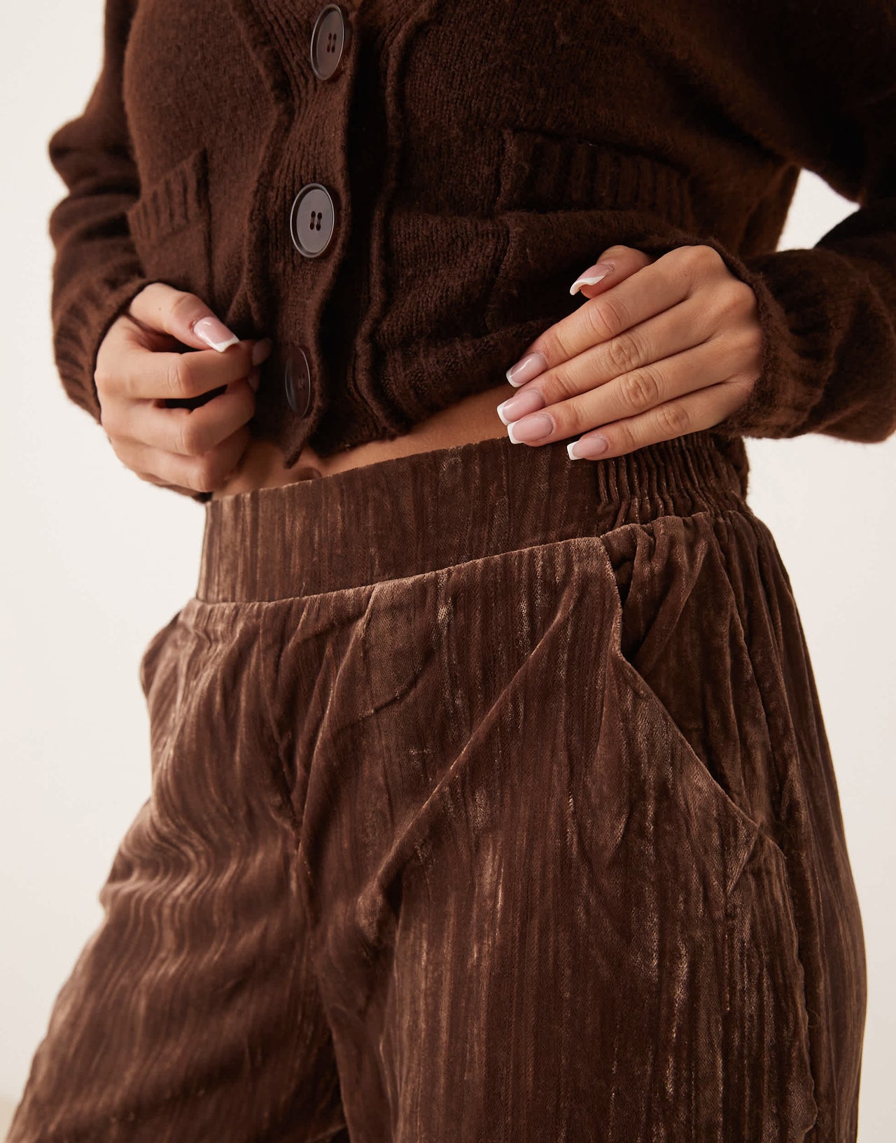 ASOS DESIGN crinkle velvet pull on trousers in chocolate