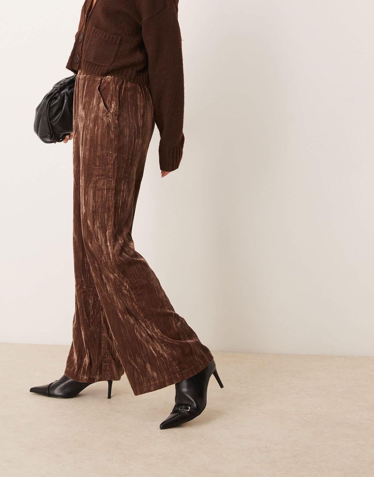 ASOS DESIGN crinkle velvet pull on trousers in chocolate