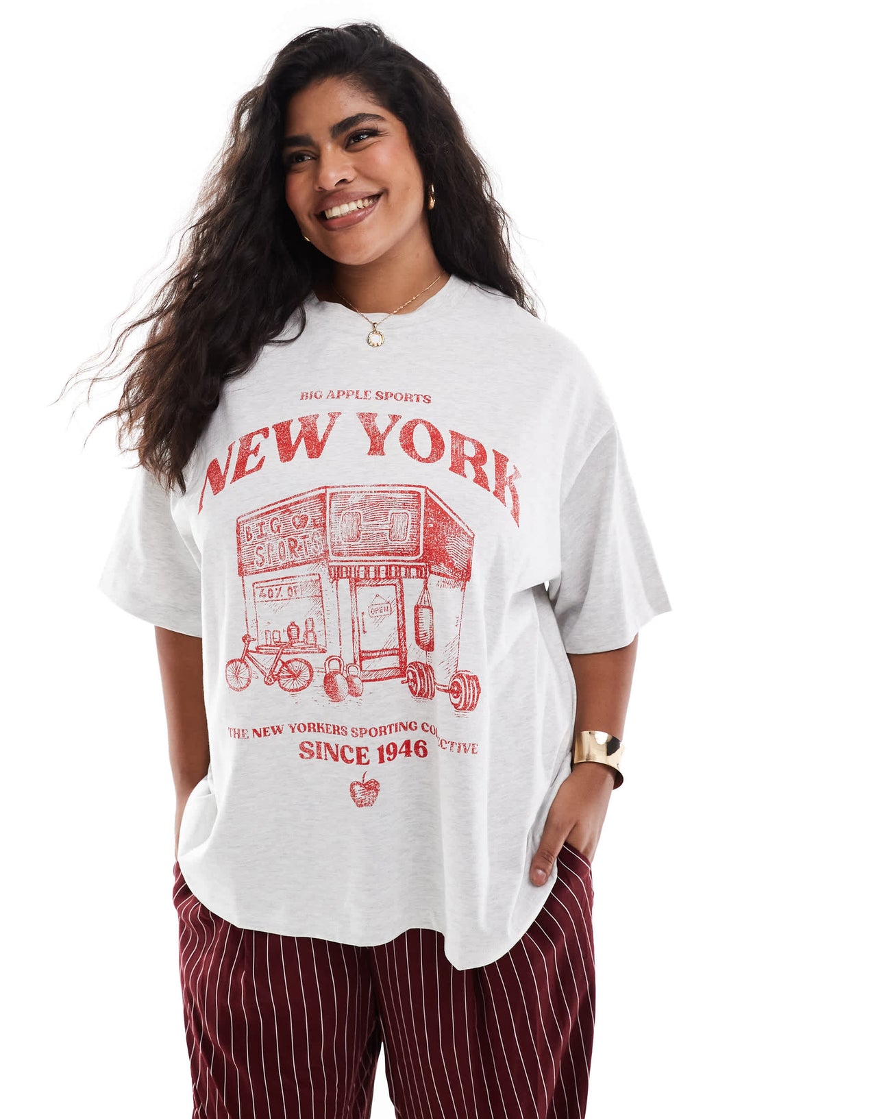 ASOS DESIGN Curve boyfriend fit t-shirt with red new york sports graphic in ice marl