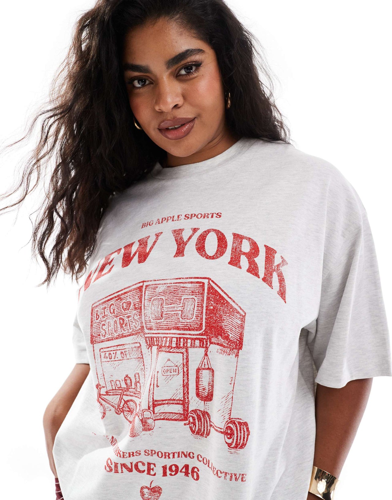 ASOS DESIGN Curve boyfriend fit t-shirt with red new york sports graphic in ice marl