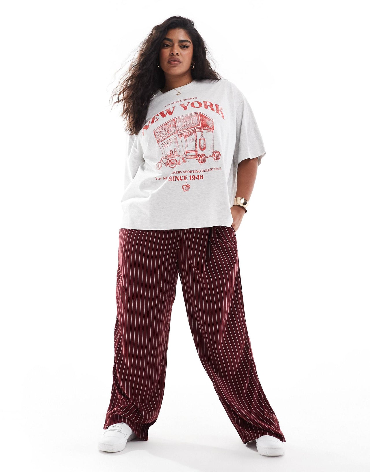 ASOS DESIGN Curve boyfriend fit t-shirt with red new york sports graphic in ice marl