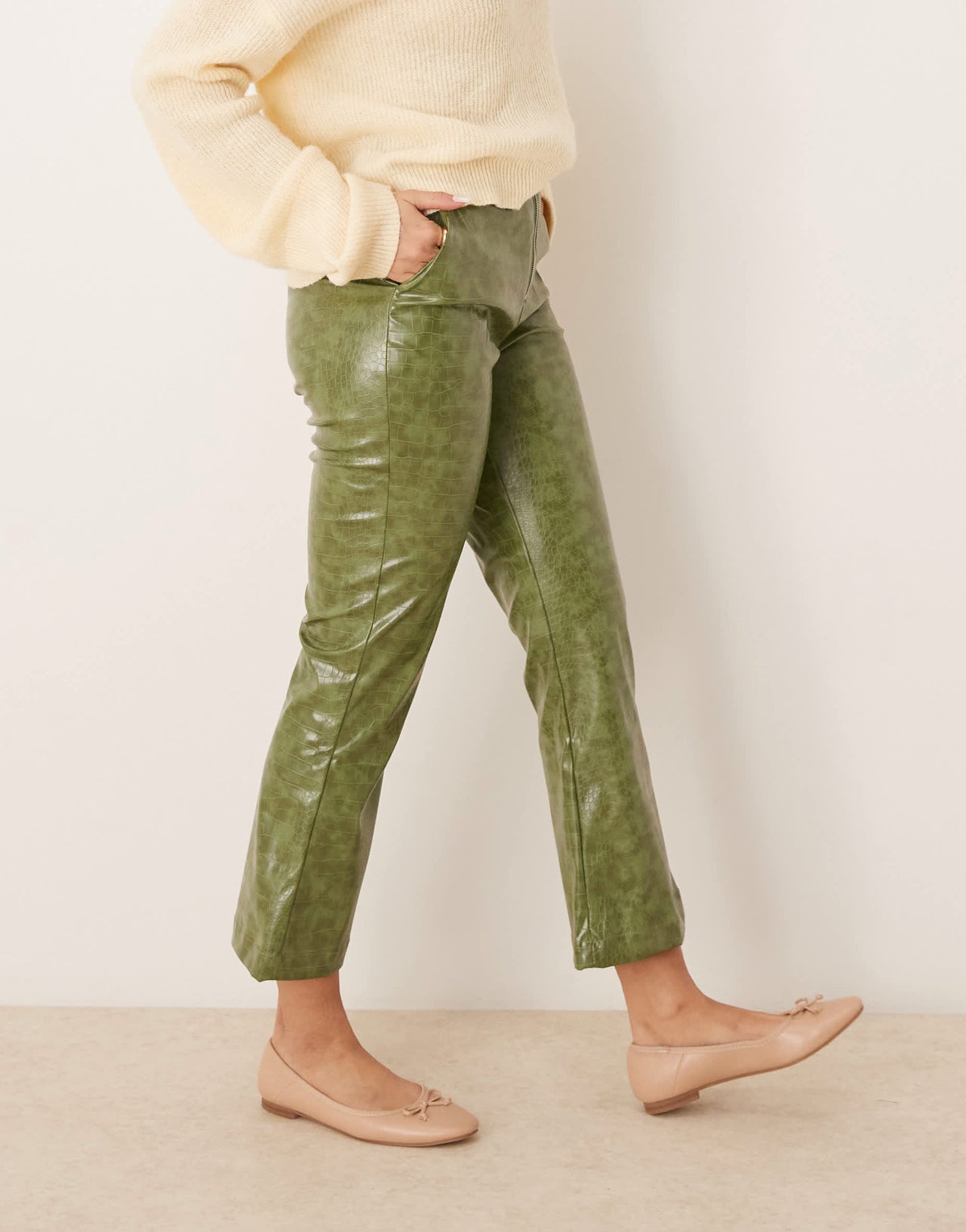 ASOS DESIGN faux leather zip front ankle grazer trouser in green croc