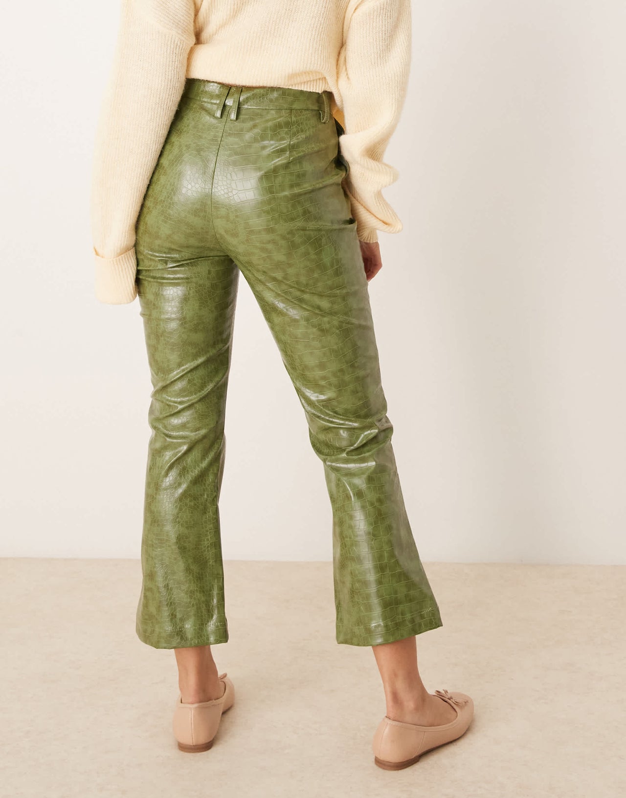 ASOS DESIGN faux leather zip front ankle grazer trouser in green croc