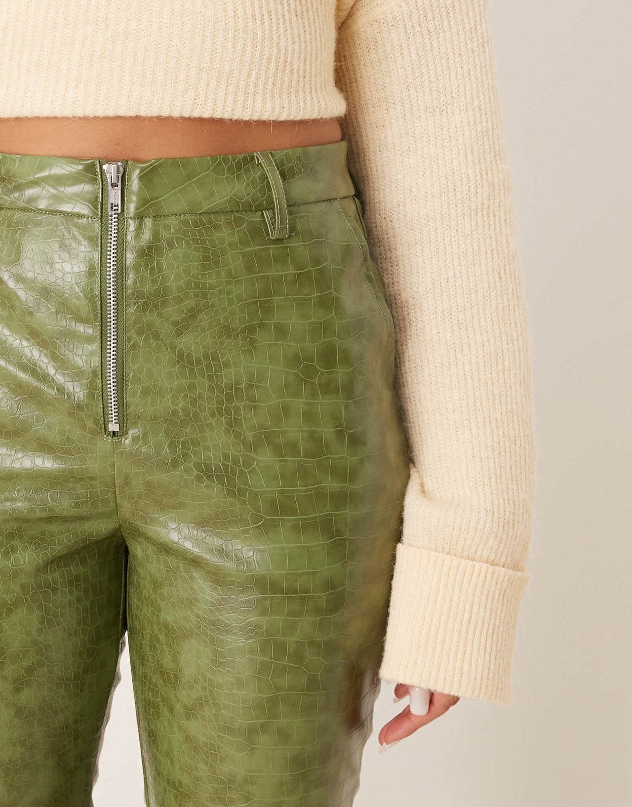 ASOS DESIGN faux leather zip front ankle grazer trouser in green croc