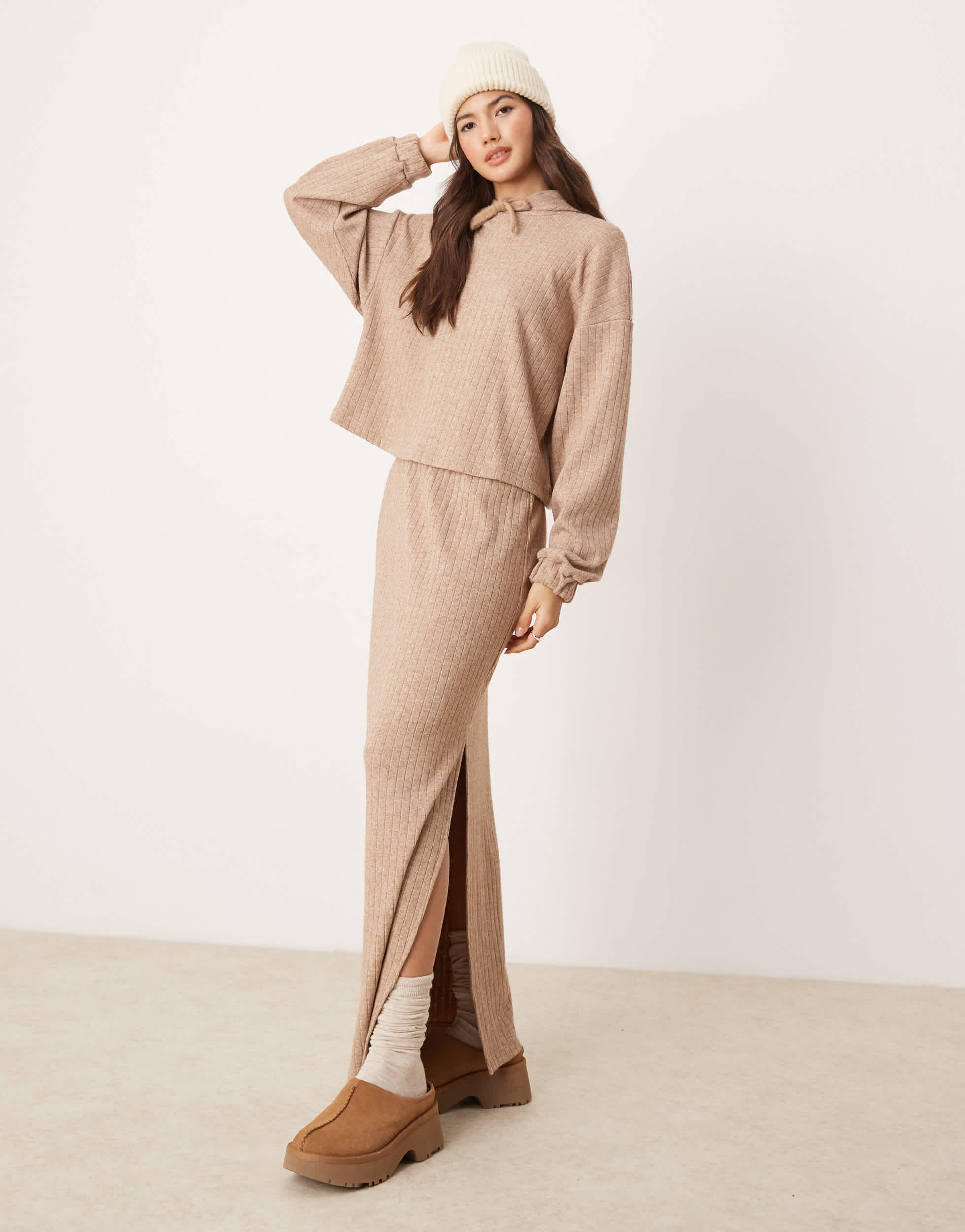 ASOS DESIGN lounge mix and match wide rib skirt in brown