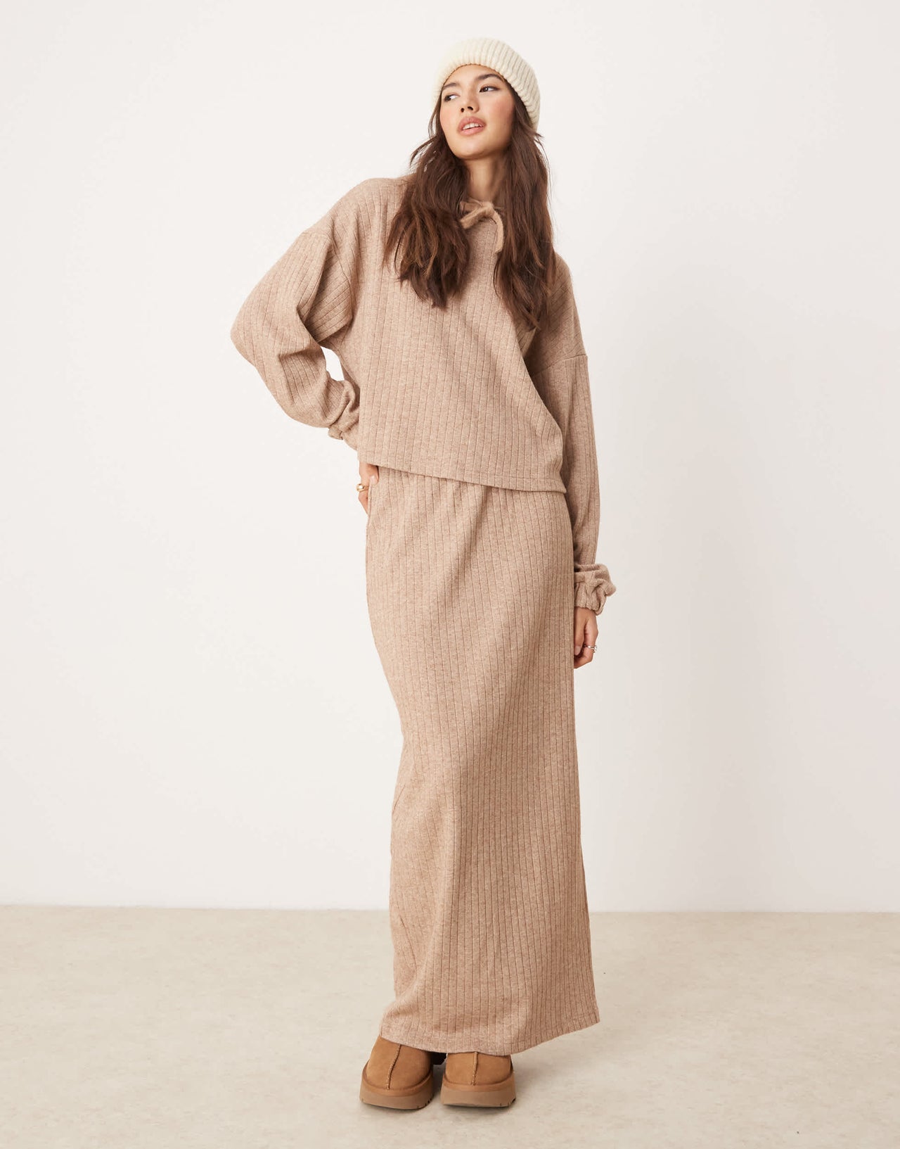 ASOS DESIGN lounge mix & match wide rib hoodie in brown