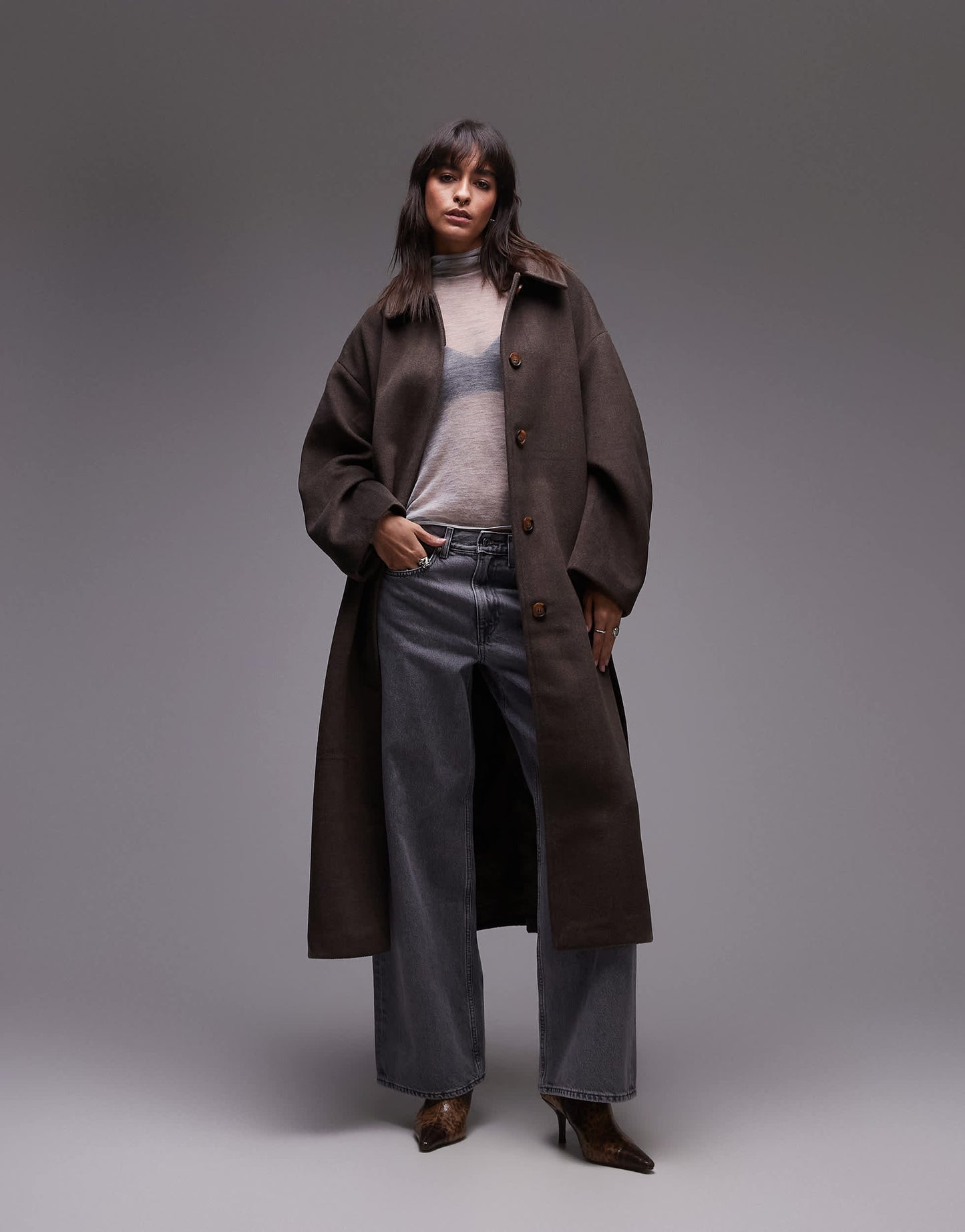 Topshop belted long line formal coat in brown