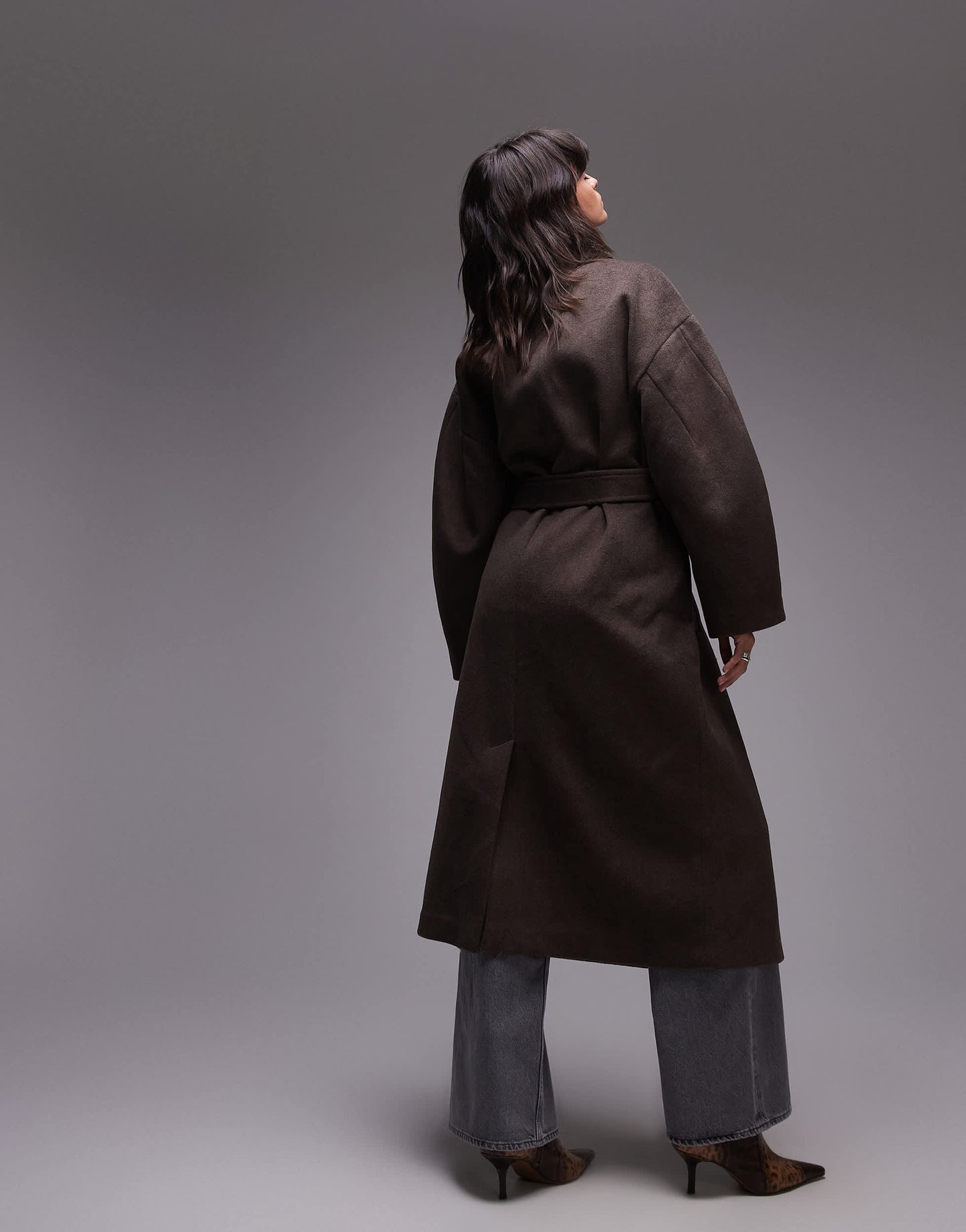 Topshop belted long line formal coat in brown