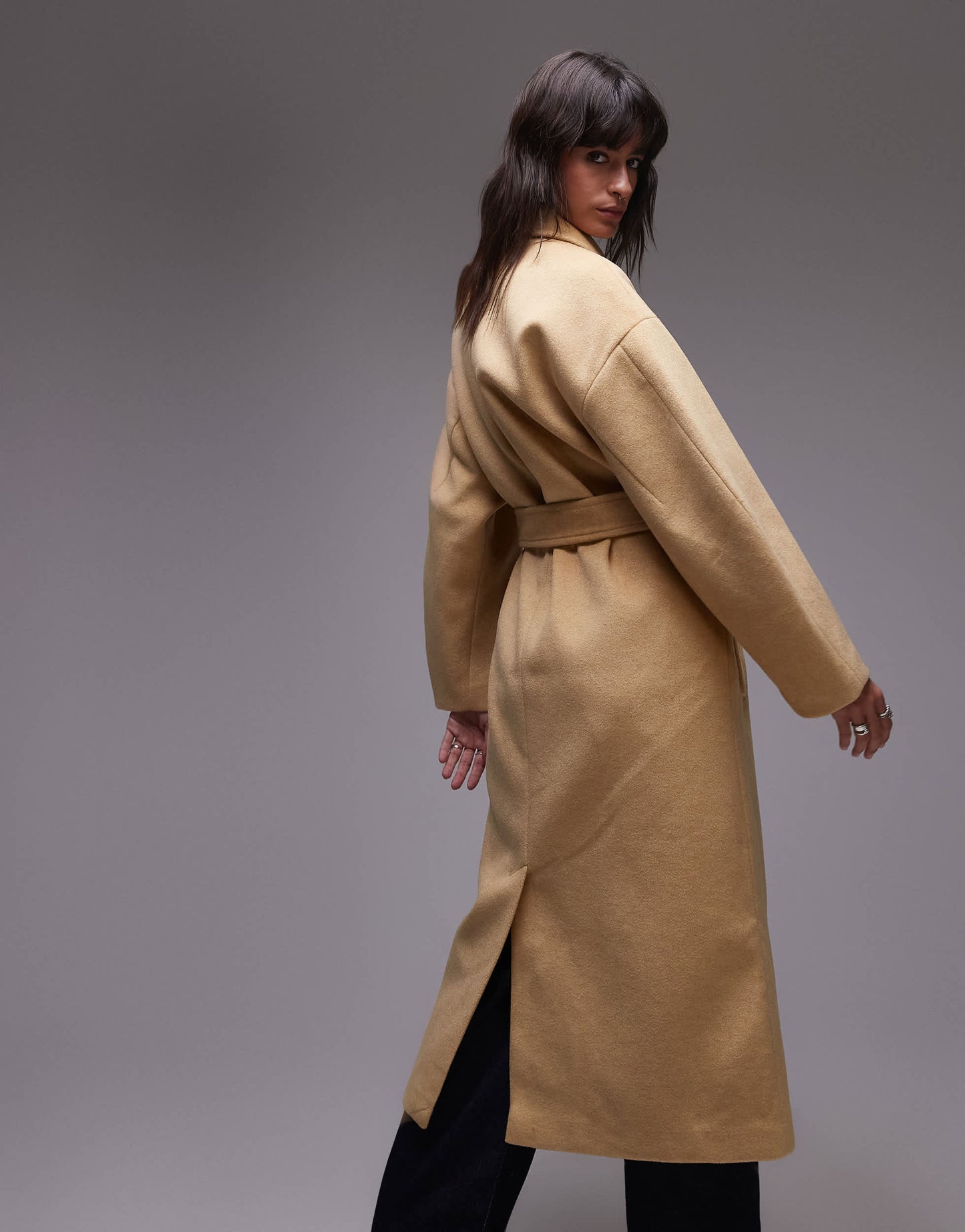 Topshop belted long line formal coat in buttermilk