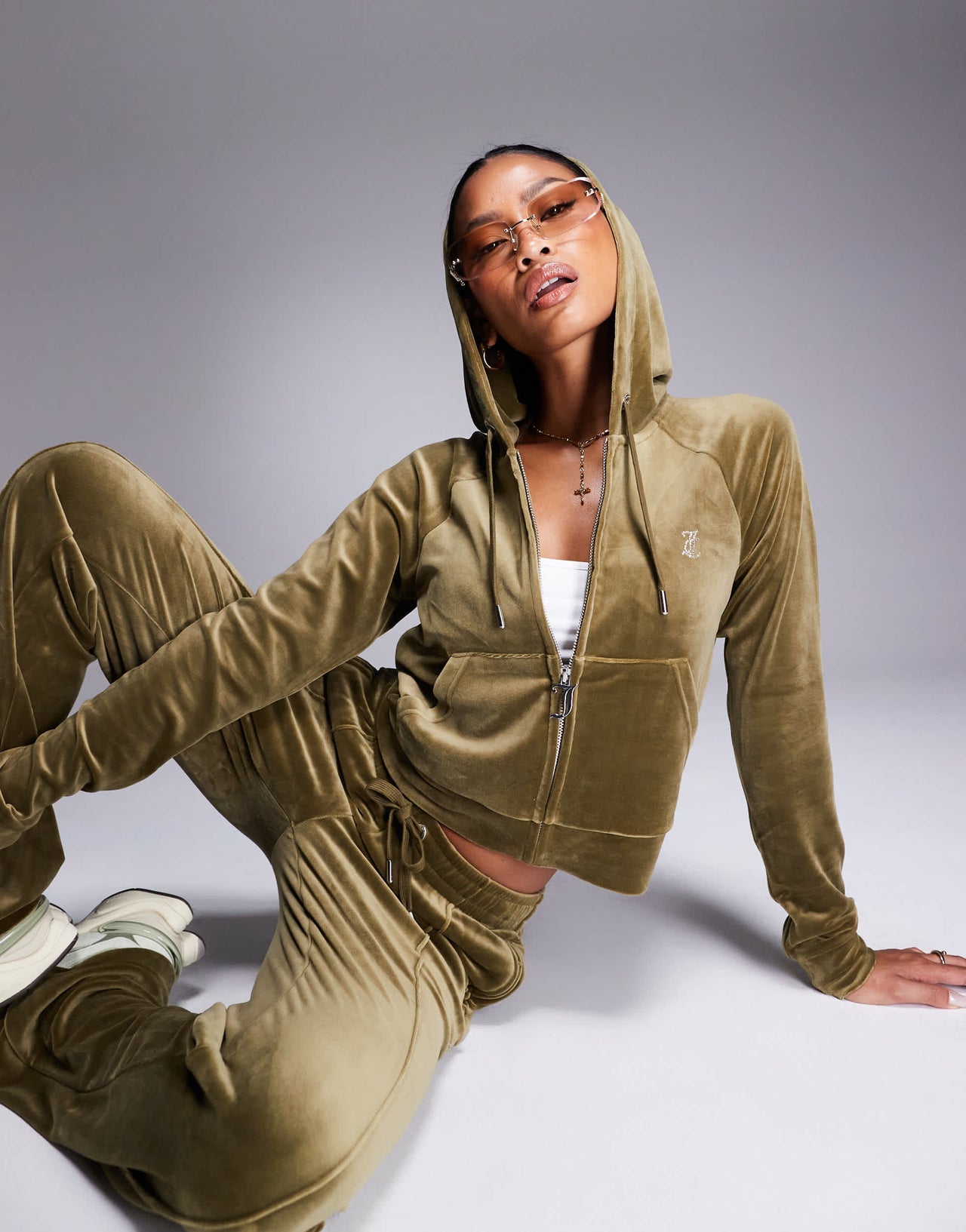Juicy Couture velour zip through hoodie co-ord in dark olive