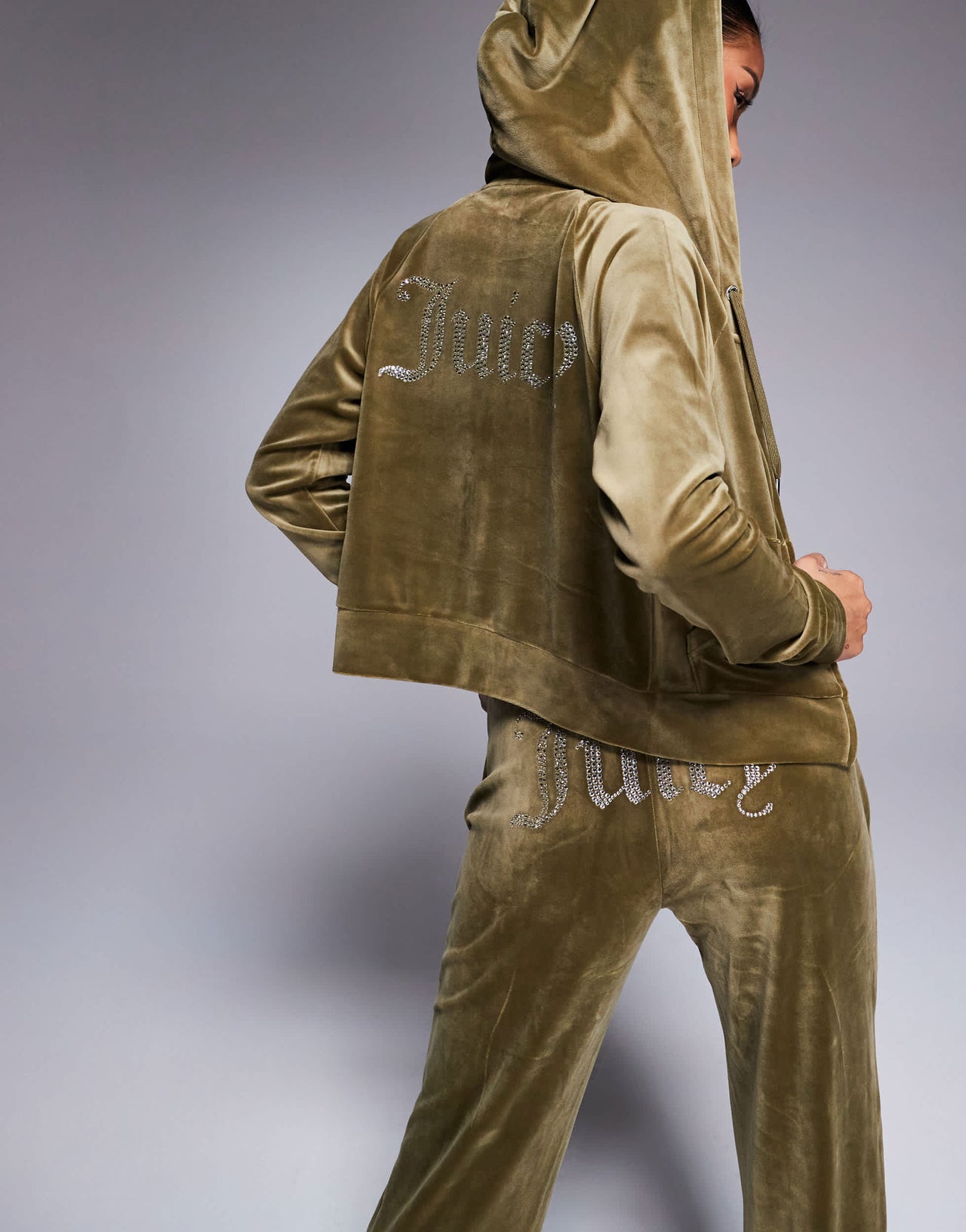 Juicy Couture velour zip through hoodie co-ord in dark olive