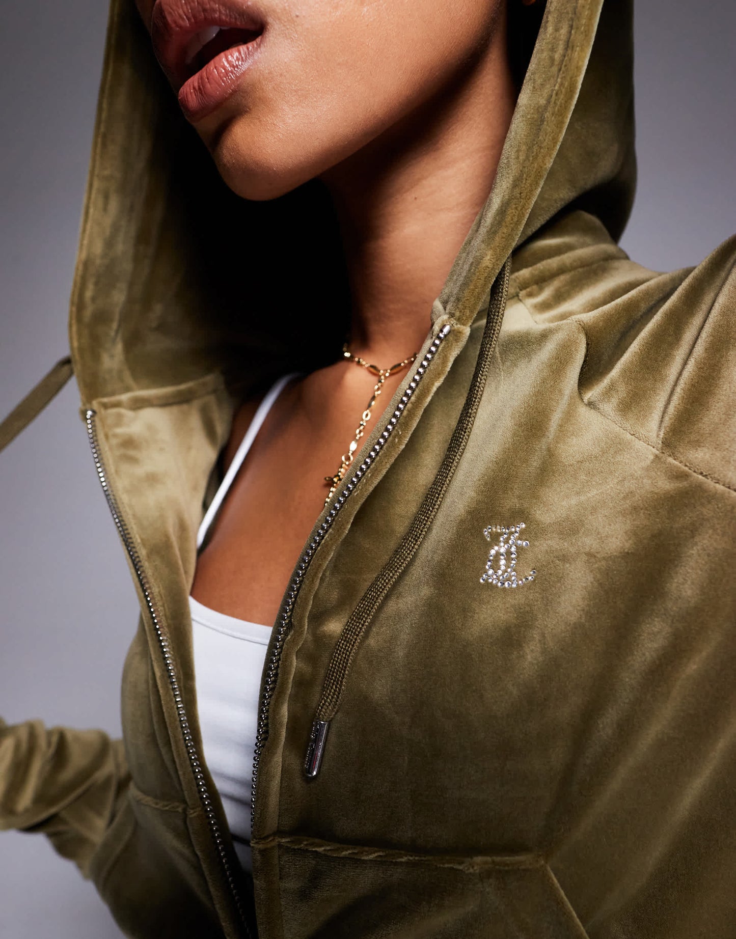 Juicy Couture velour zip through hoodie co-ord in dark olive
