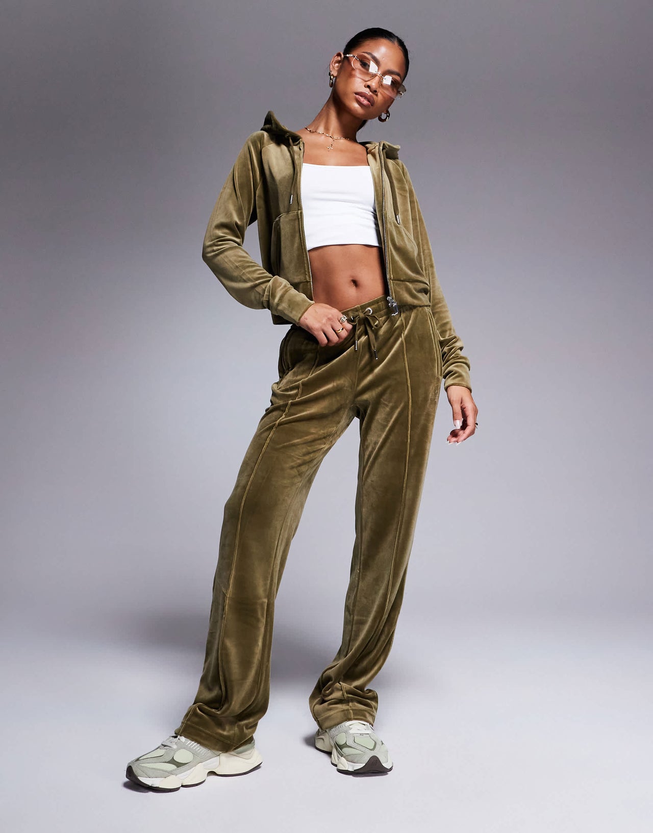 Juicy Couture velour zip through hoodie co-ord in dark olive
