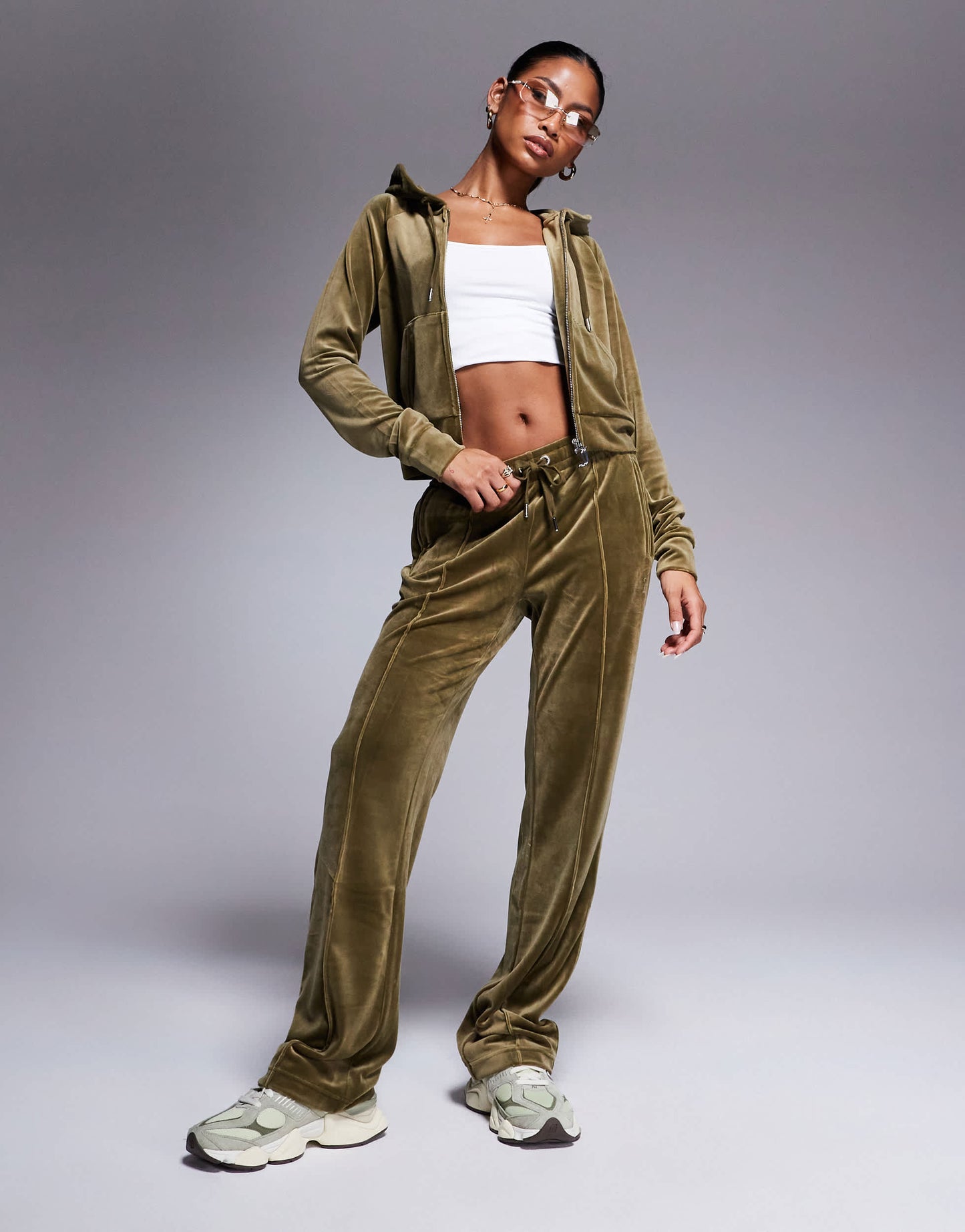 Juicy Couture velour zip through hoodie co-ord in dark olive