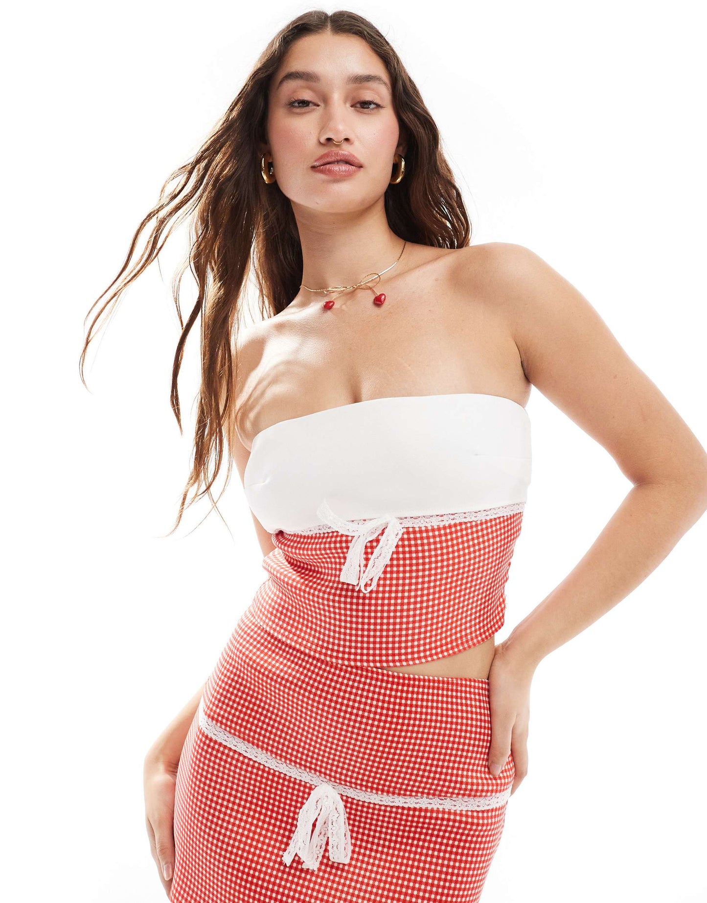 Daisy Street square neck cami crop top with contrast bust in red gingham co-ord