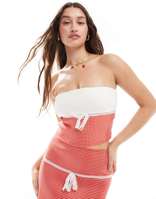 Daisy Street square neck cami crop top with contrast bust in red gingham co-ord
