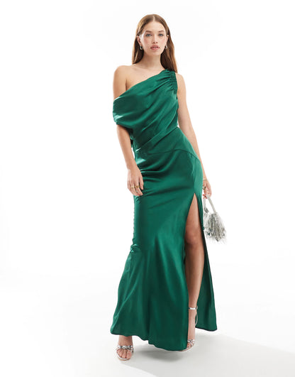 ASOS DESIGN one shoulder ruched detail maxi dress with split in forest green