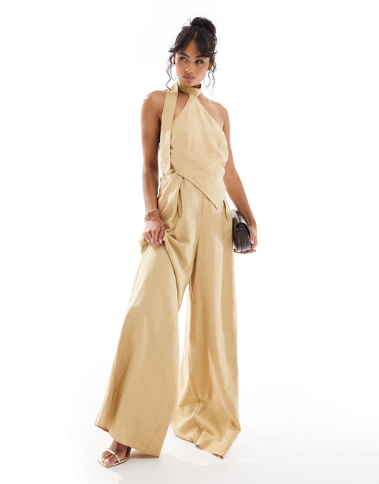 ASOS DESIGN halter neck tie detail wide leg jumpsuit in brown